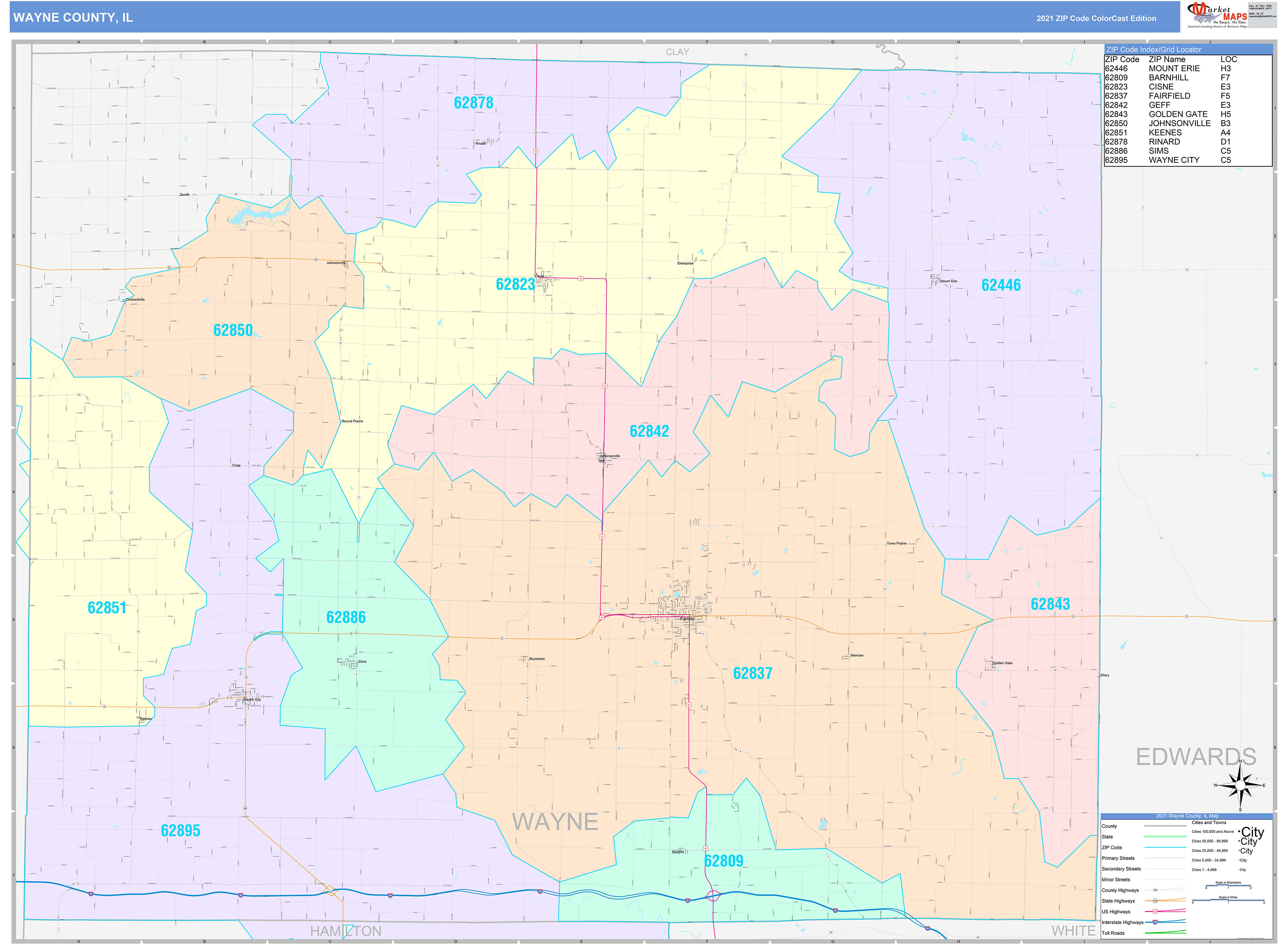 Wayne County, IL Wall Map Color Cast Style by MarketMAPS - MapSales.com