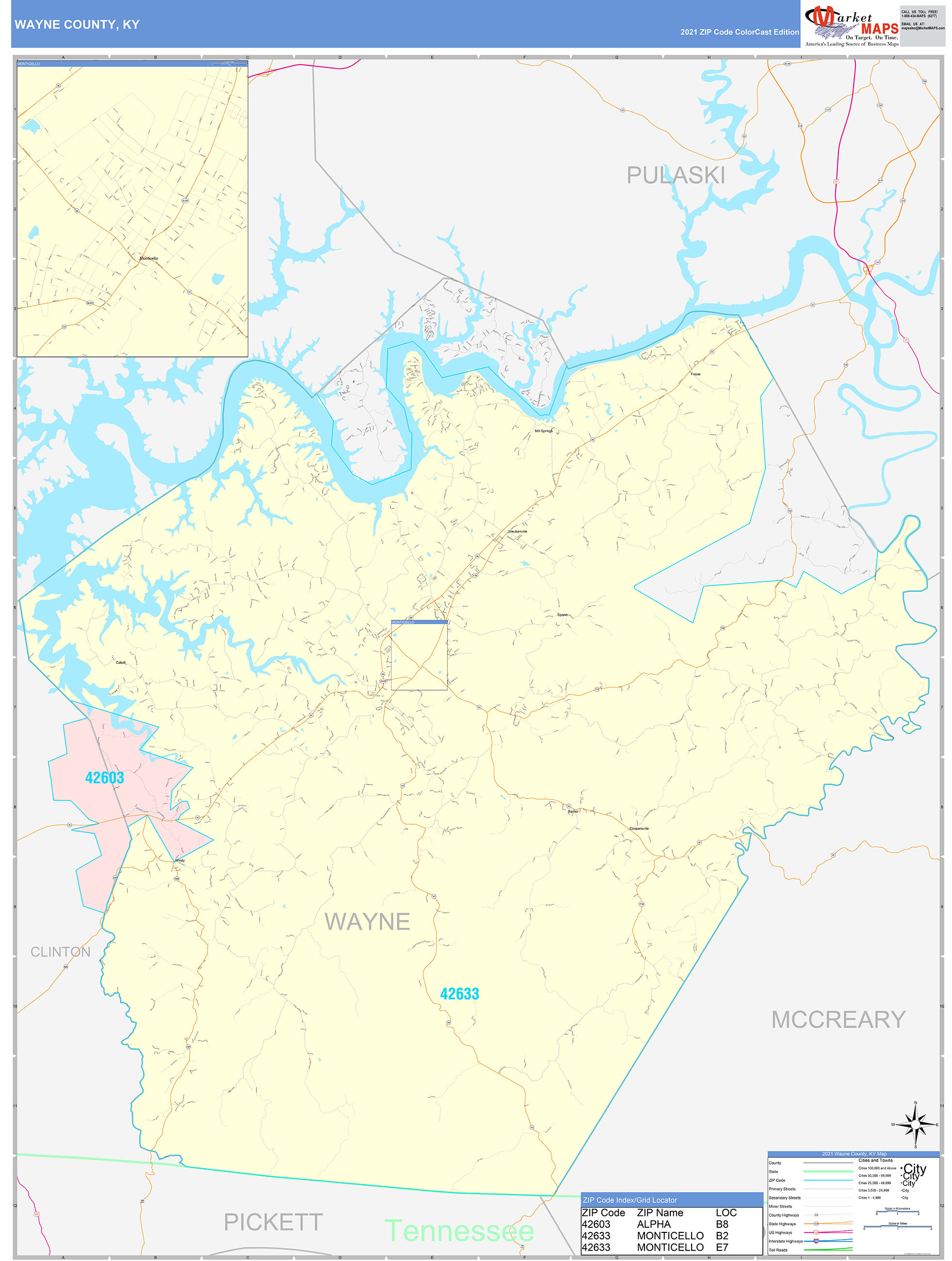 Wayne County, KY Wall Map Color Cast Style by MarketMAPS