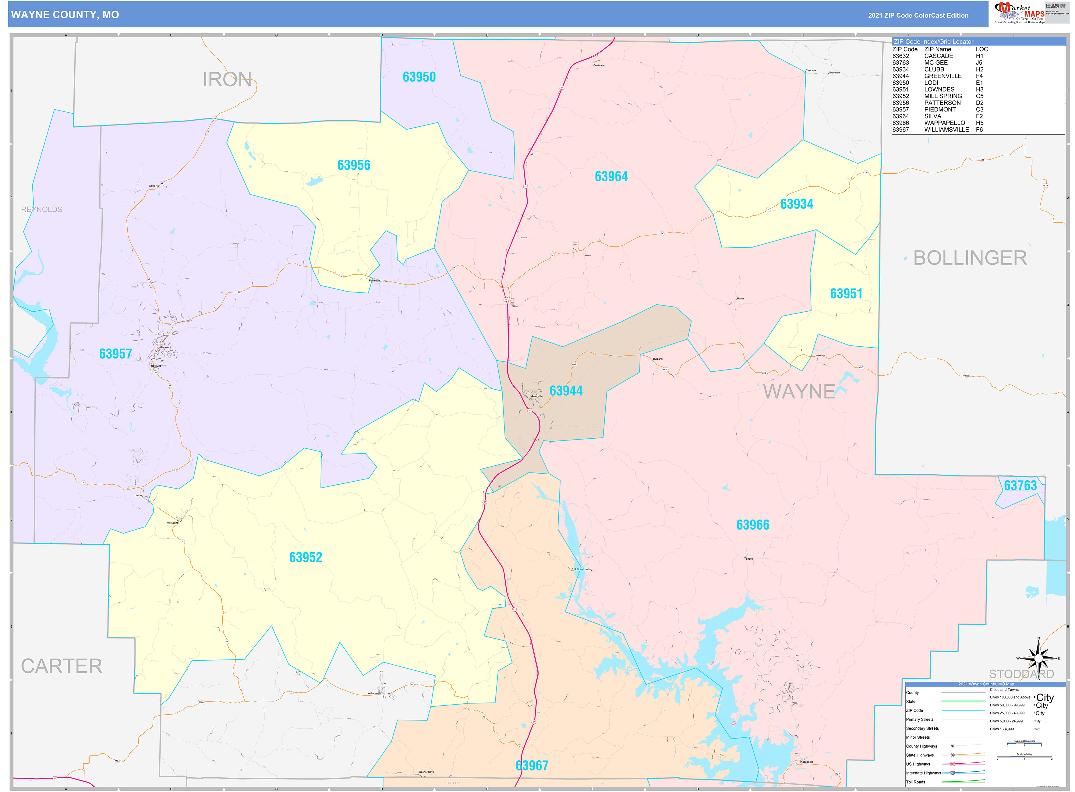 Wayne County, MO Wall Map Color Cast Style by MarketMAPS - MapSales