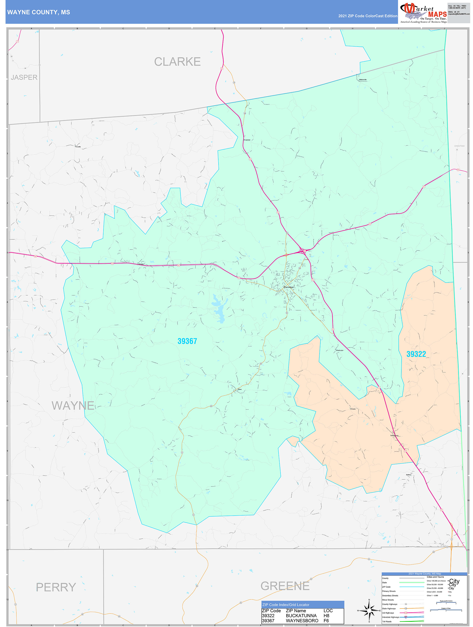 Wayne County, MS Wall Map Color Cast Style by MarketMAPS