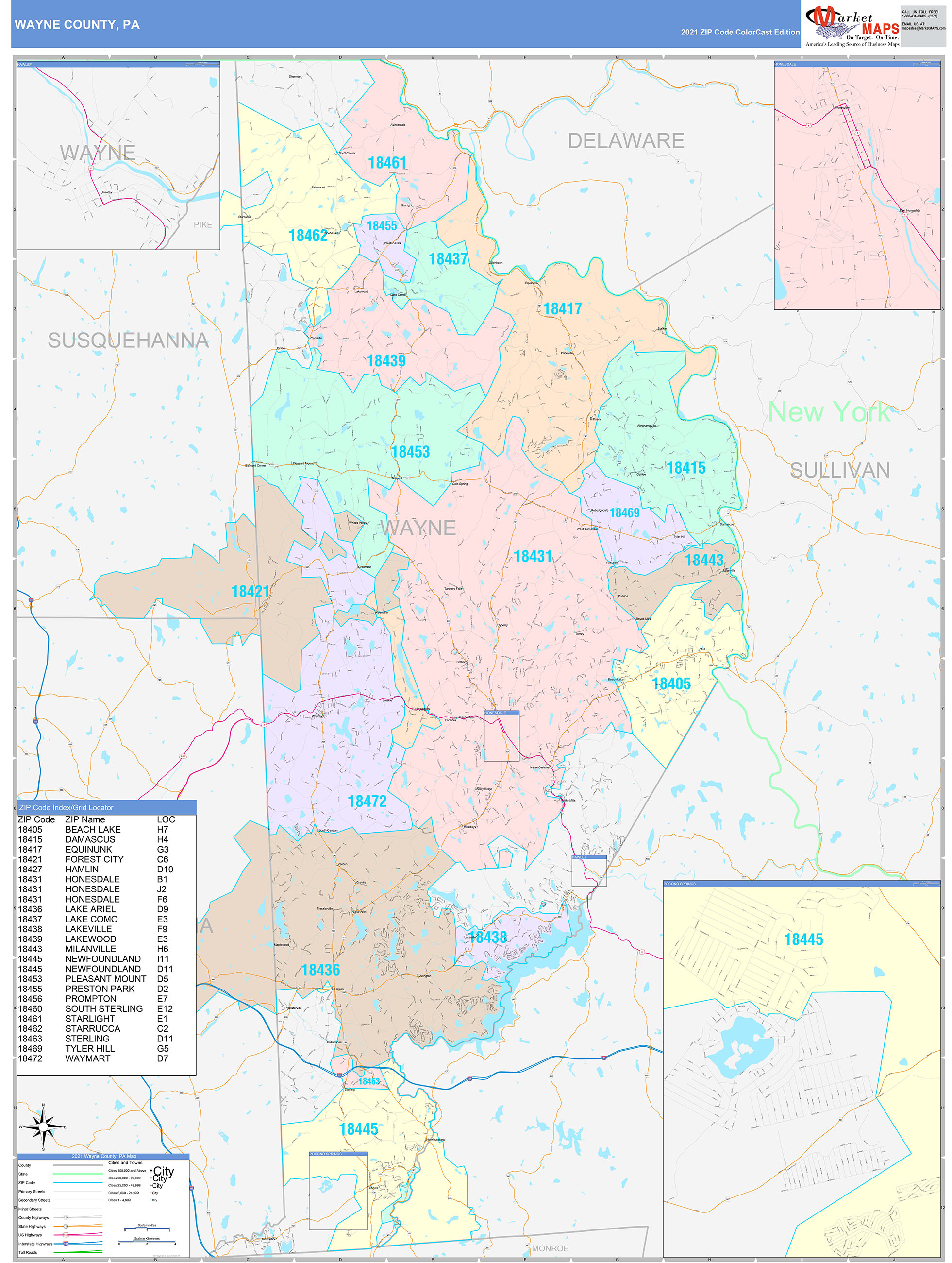 Wayne County, PA Wall Map Color Cast Style by MarketMAPS