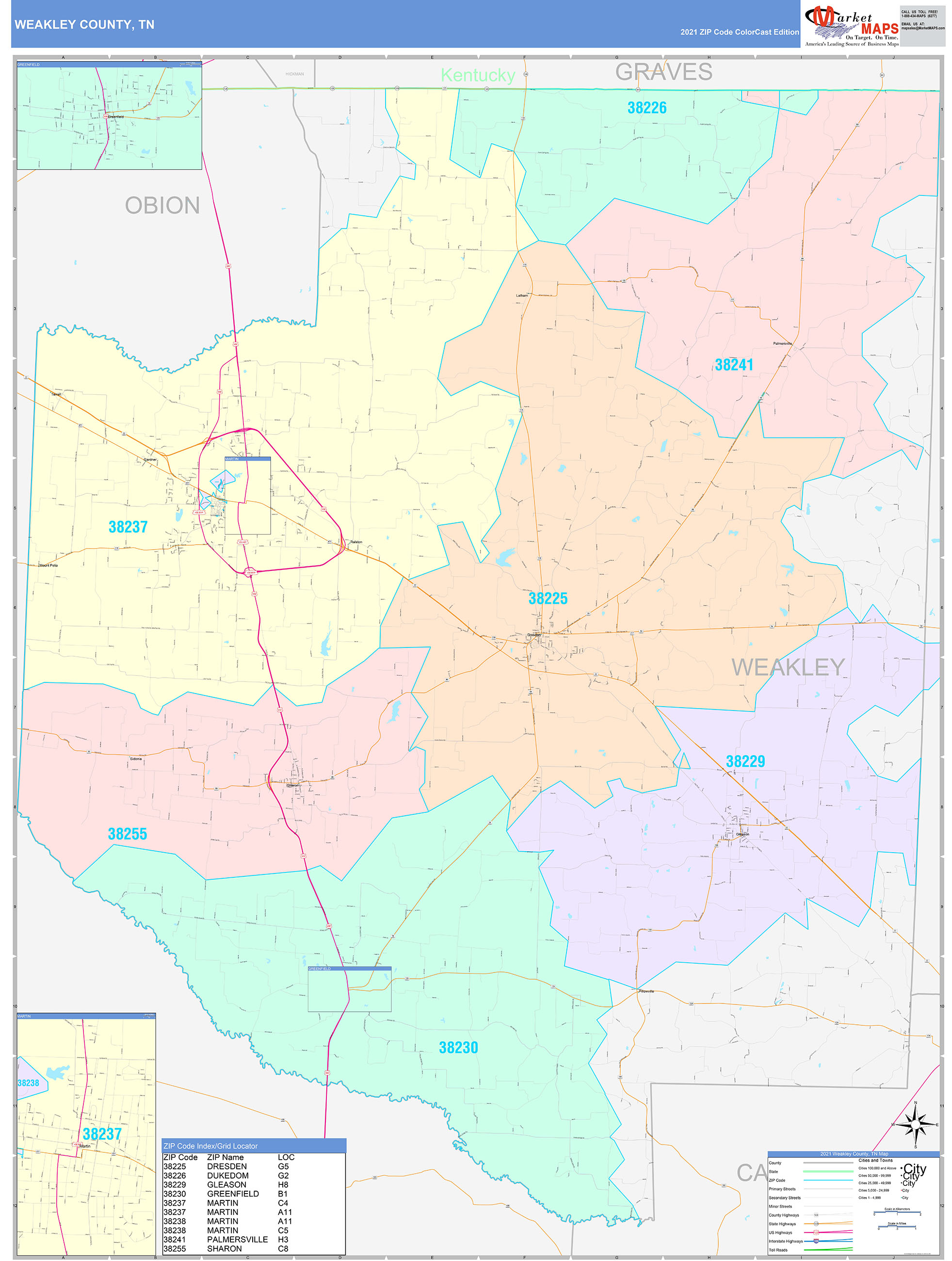 Weakley County, TN Wall Map Color Cast Style By MarketMAPS - MapSales.com