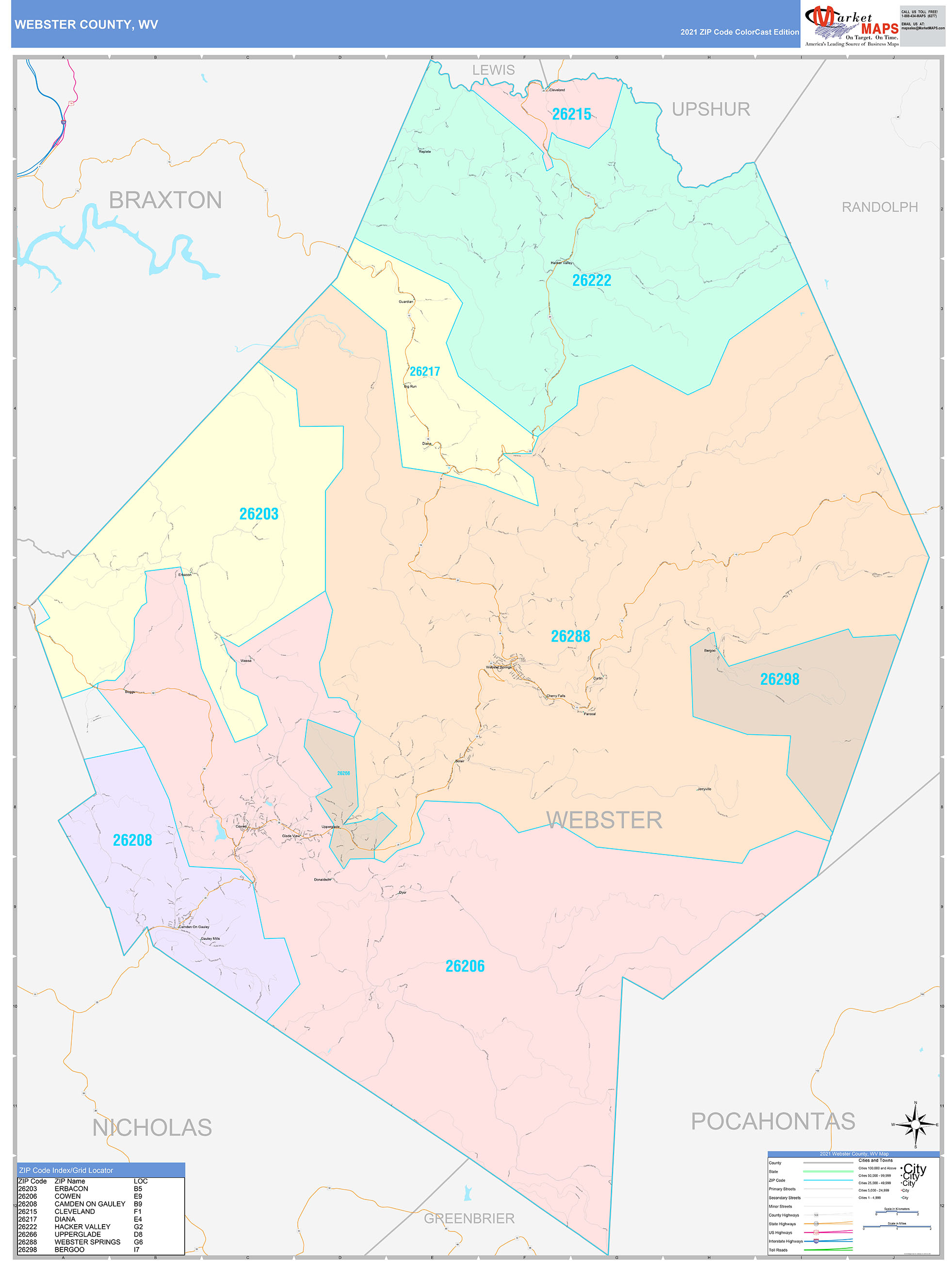 Webster County, WV Wall Map Color Cast Style by MarketMAPS