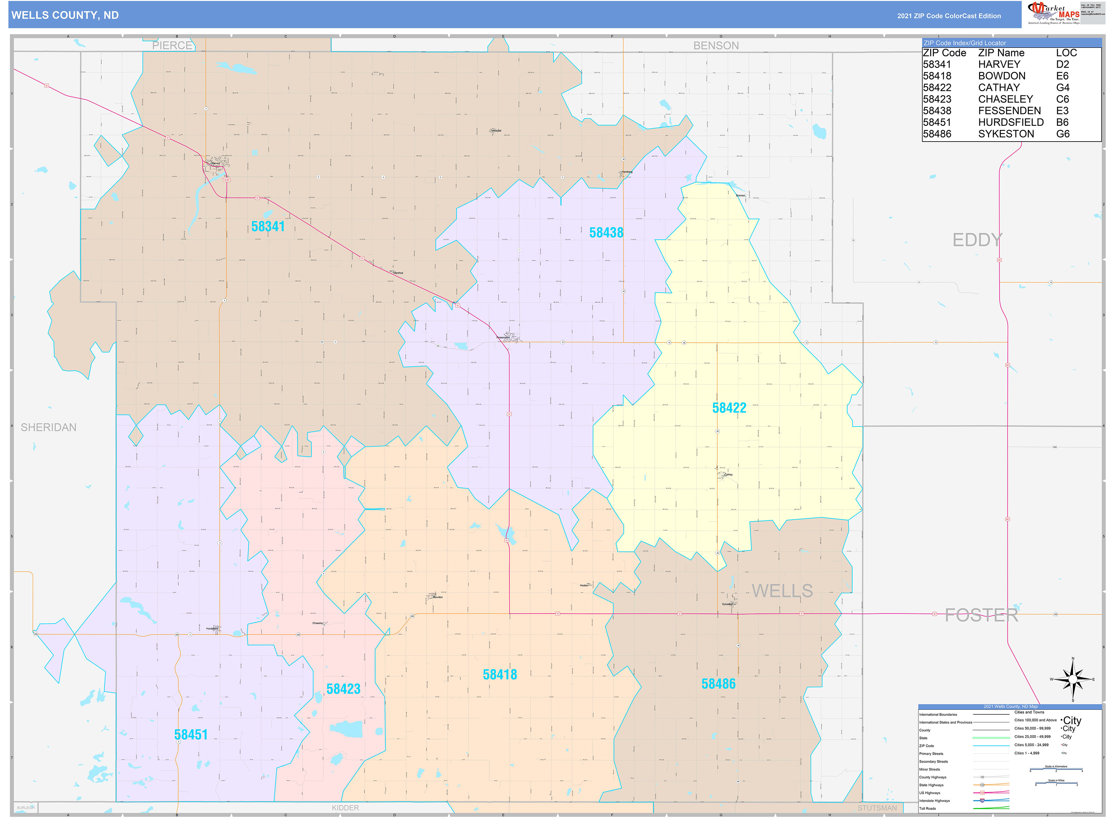 Wells County, ND Wall Map Color Cast Style by MarketMAPS