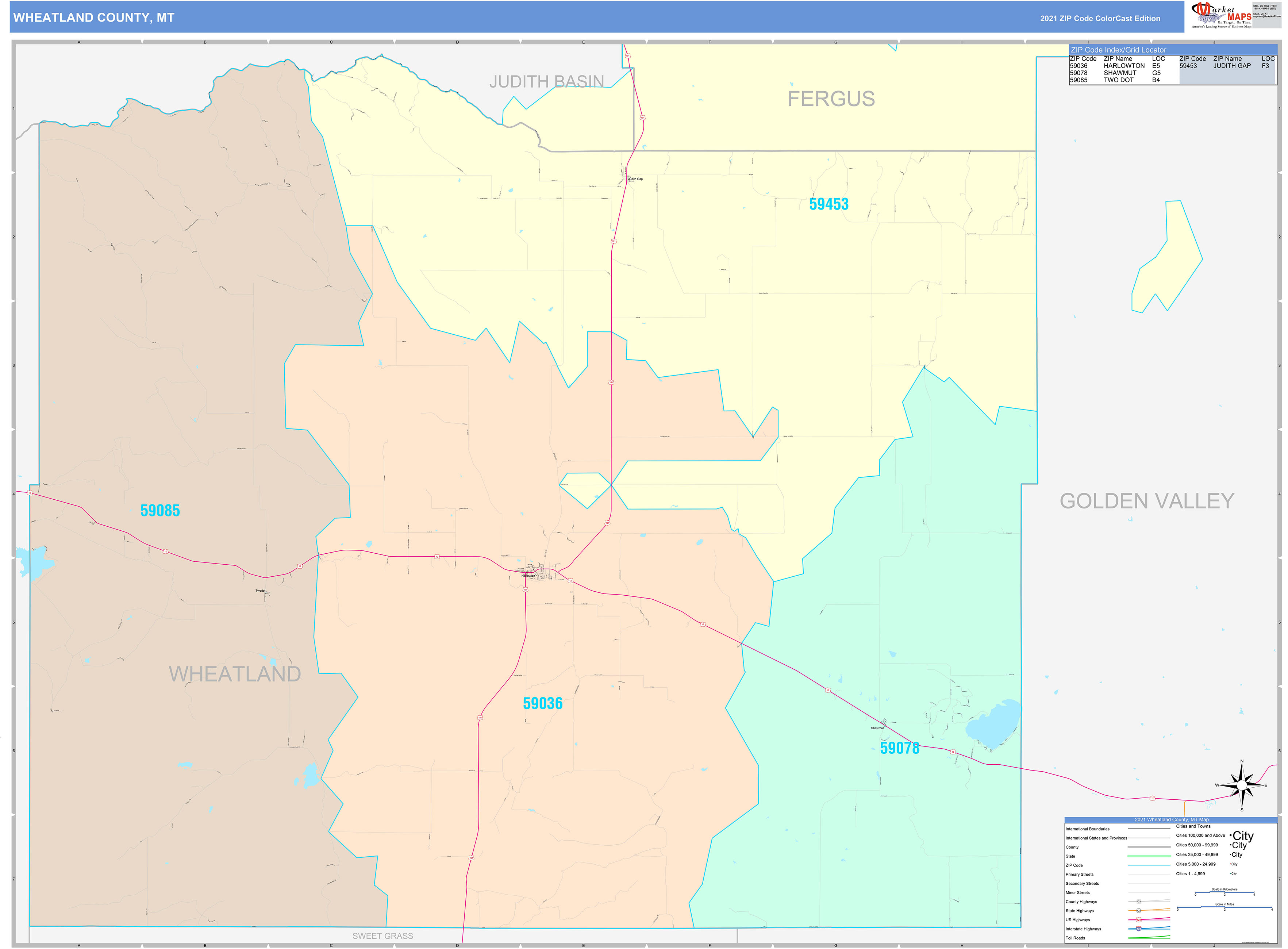 Wheatland County, MT Wall Map Color Cast Style by MarketMAPS - MapSales.com