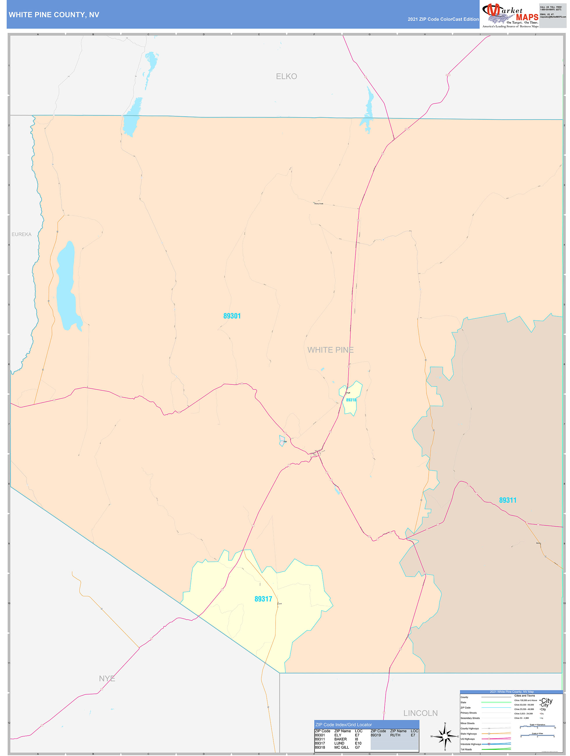 White Pine County, NV Wall Map Color Cast Style by MarketMAPS