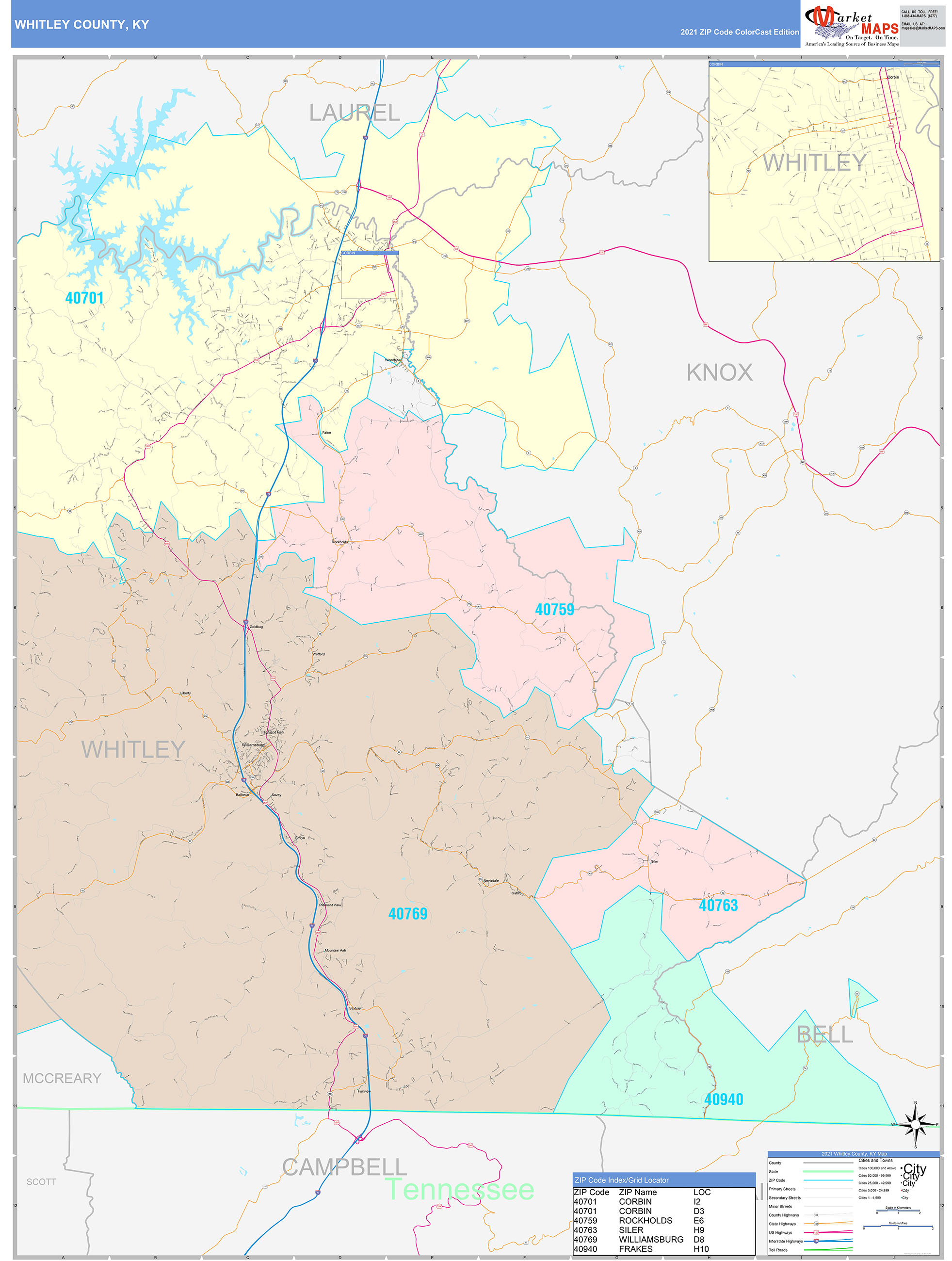 Whitley County, KY Wall Map Color Cast Style by MarketMAPS