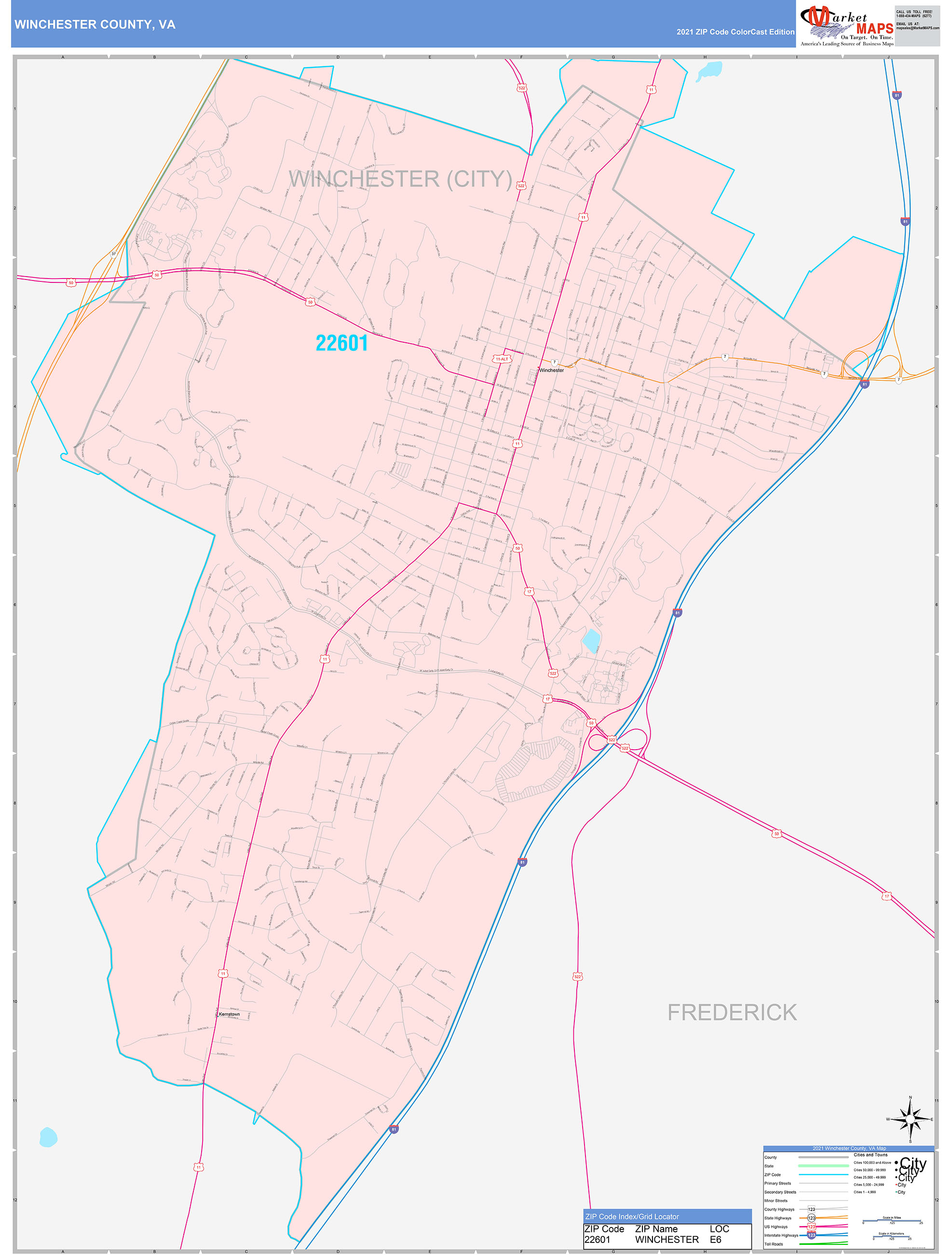 Winchester County, VA Wall Map Color Cast Style by MarketMAPS