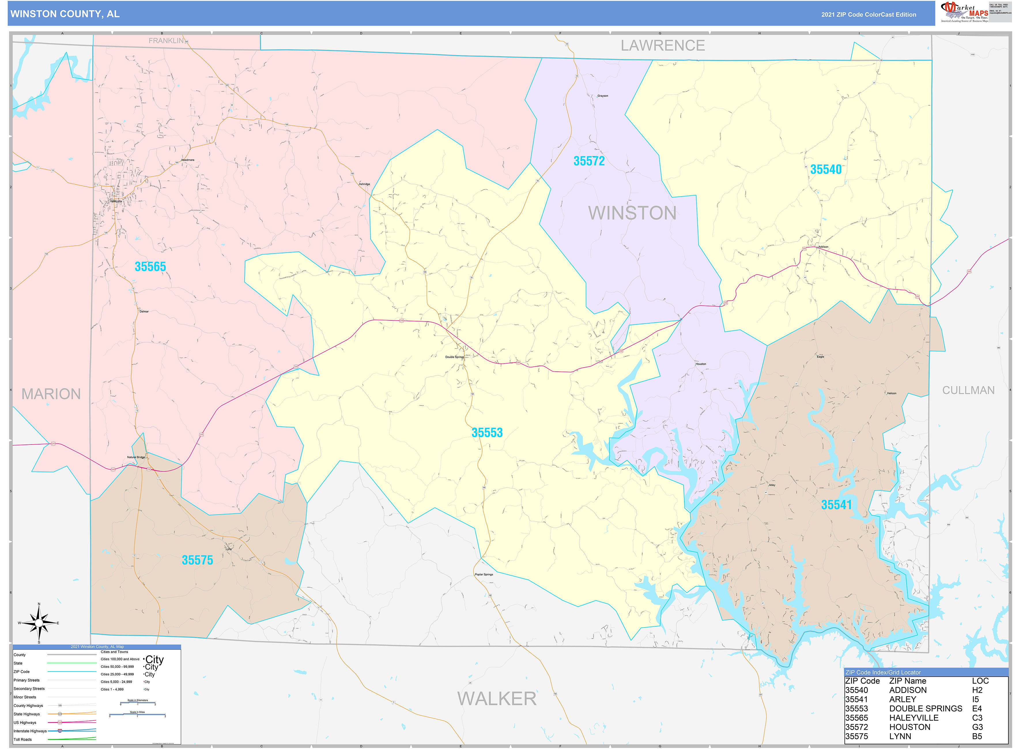 Winston County, AL Wall Map Color Cast Style by MarketMAPS