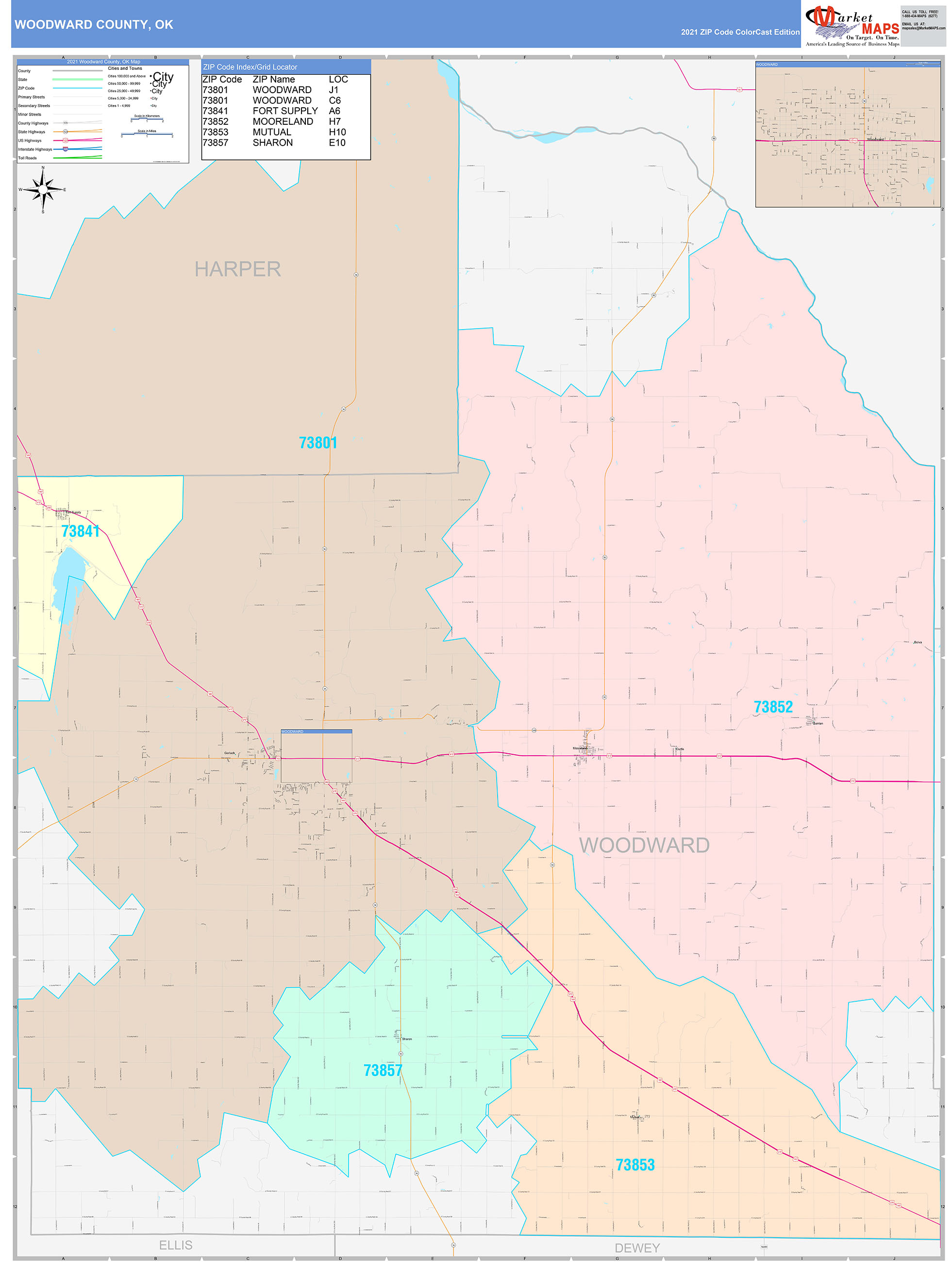 Woodward County, OK Wall Map Color Cast Style by MarketMAPS - MapSales