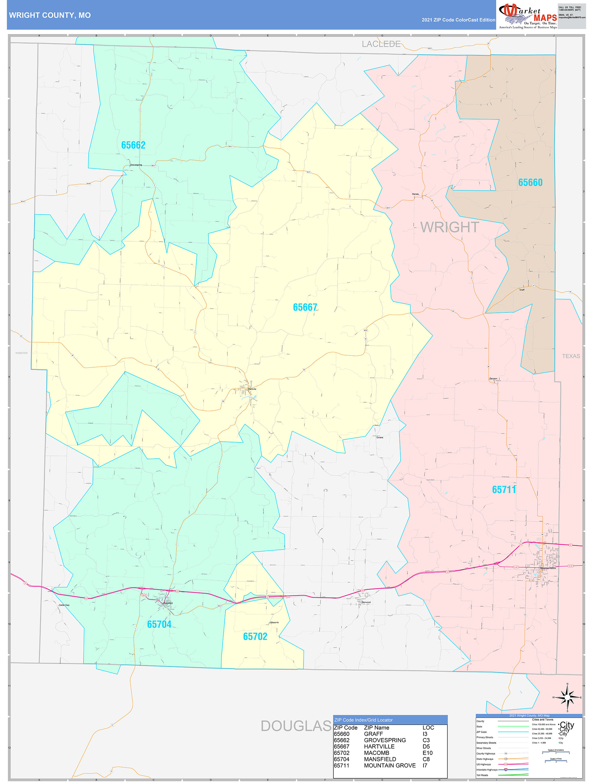 Wright County, MO Wall Map Color Cast Style by MarketMAPS