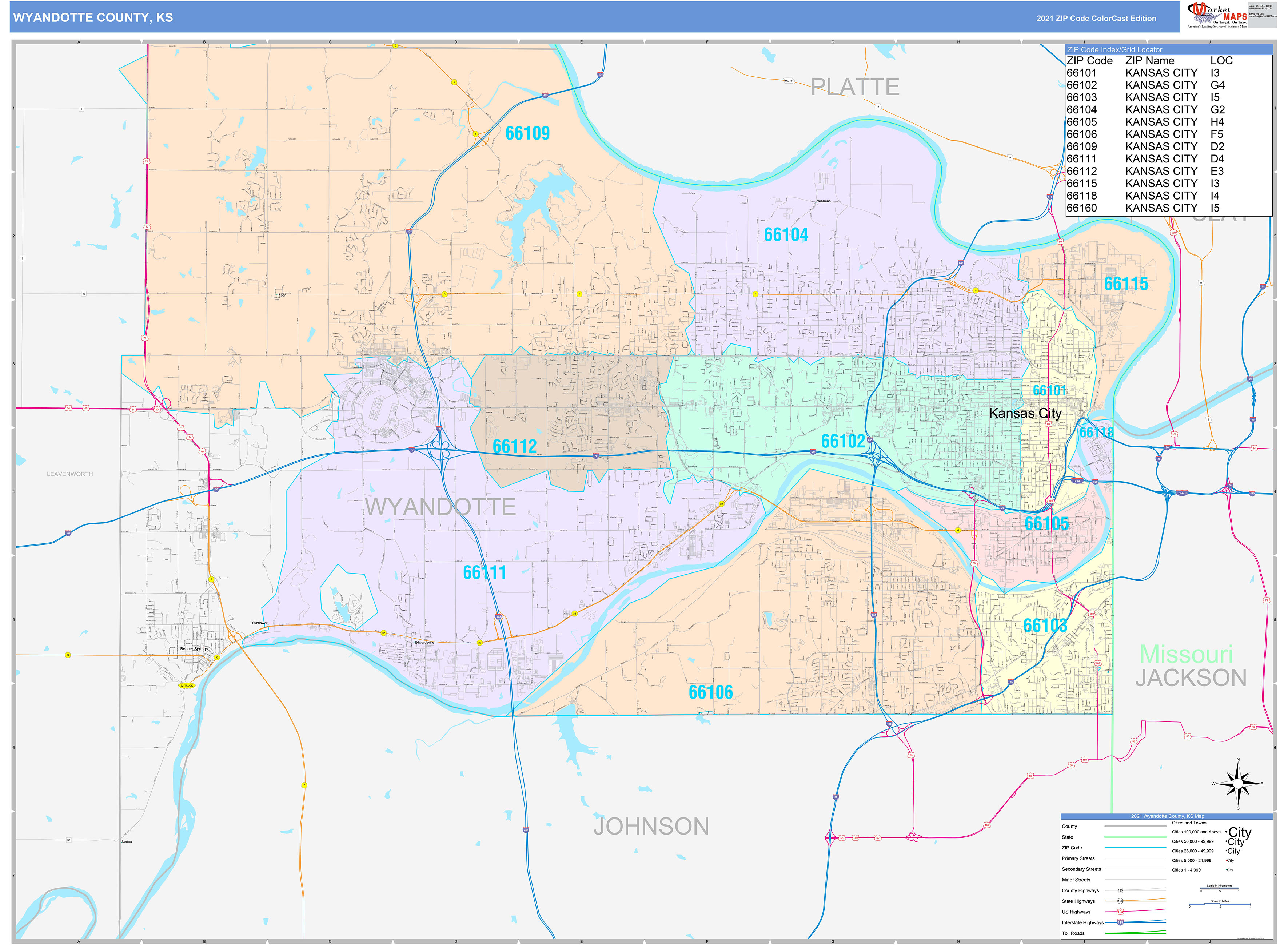 Wyandotte County, KS Wall Map Color Cast Style by MarketMAPS - MapSales