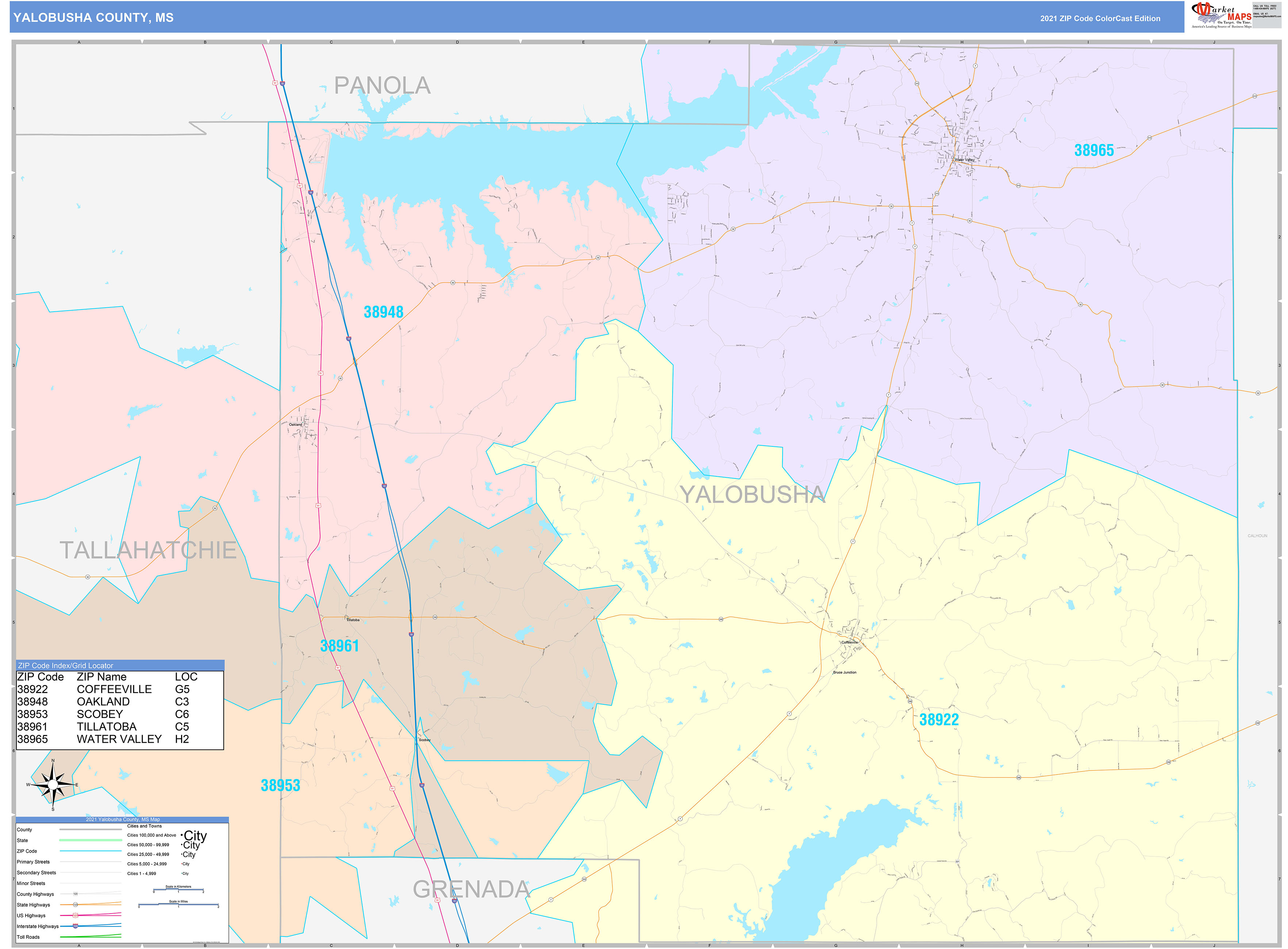 Yalobusha County, MS Wall Map Color Cast Style by MarketMAPS