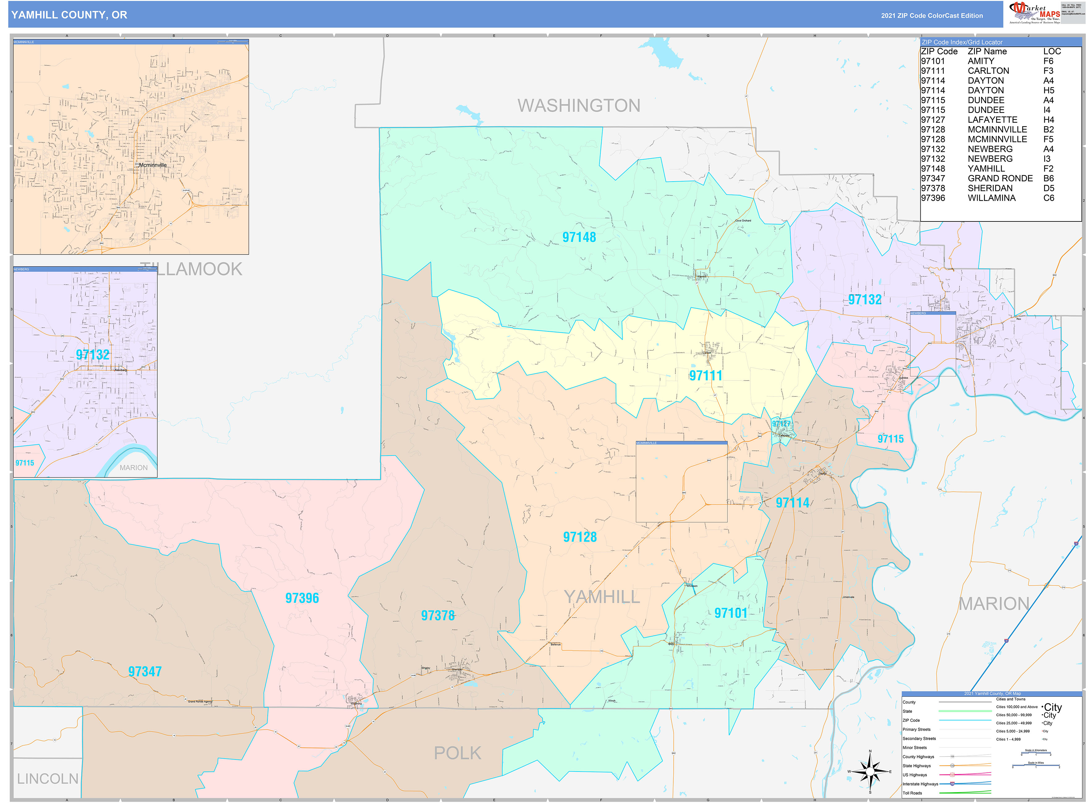Yamhill County OR Wall Map Color Cast Style by MarketMAPS