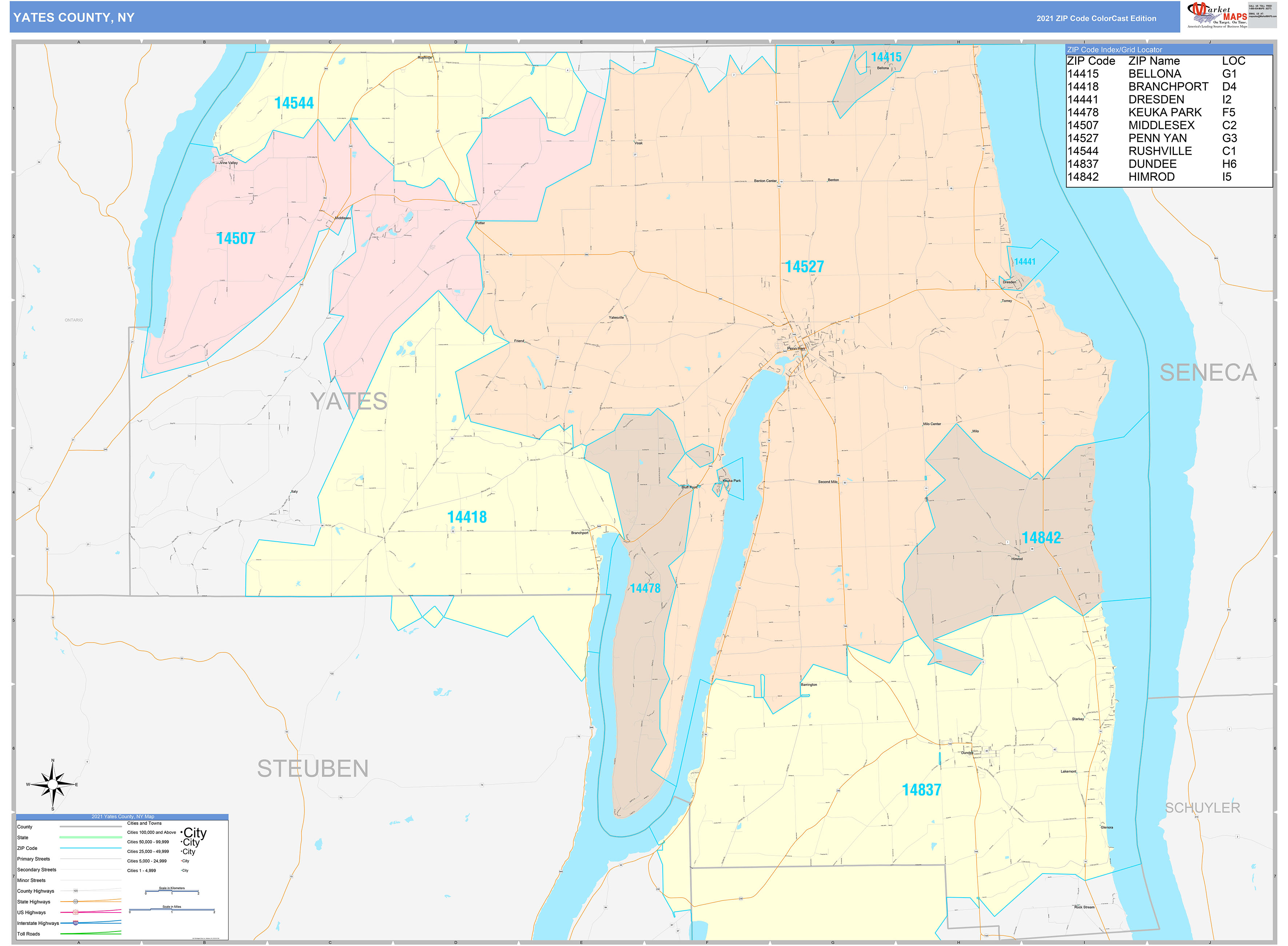 Yates County, NY Wall Map Color Cast Style by MarketMAPS - MapSales