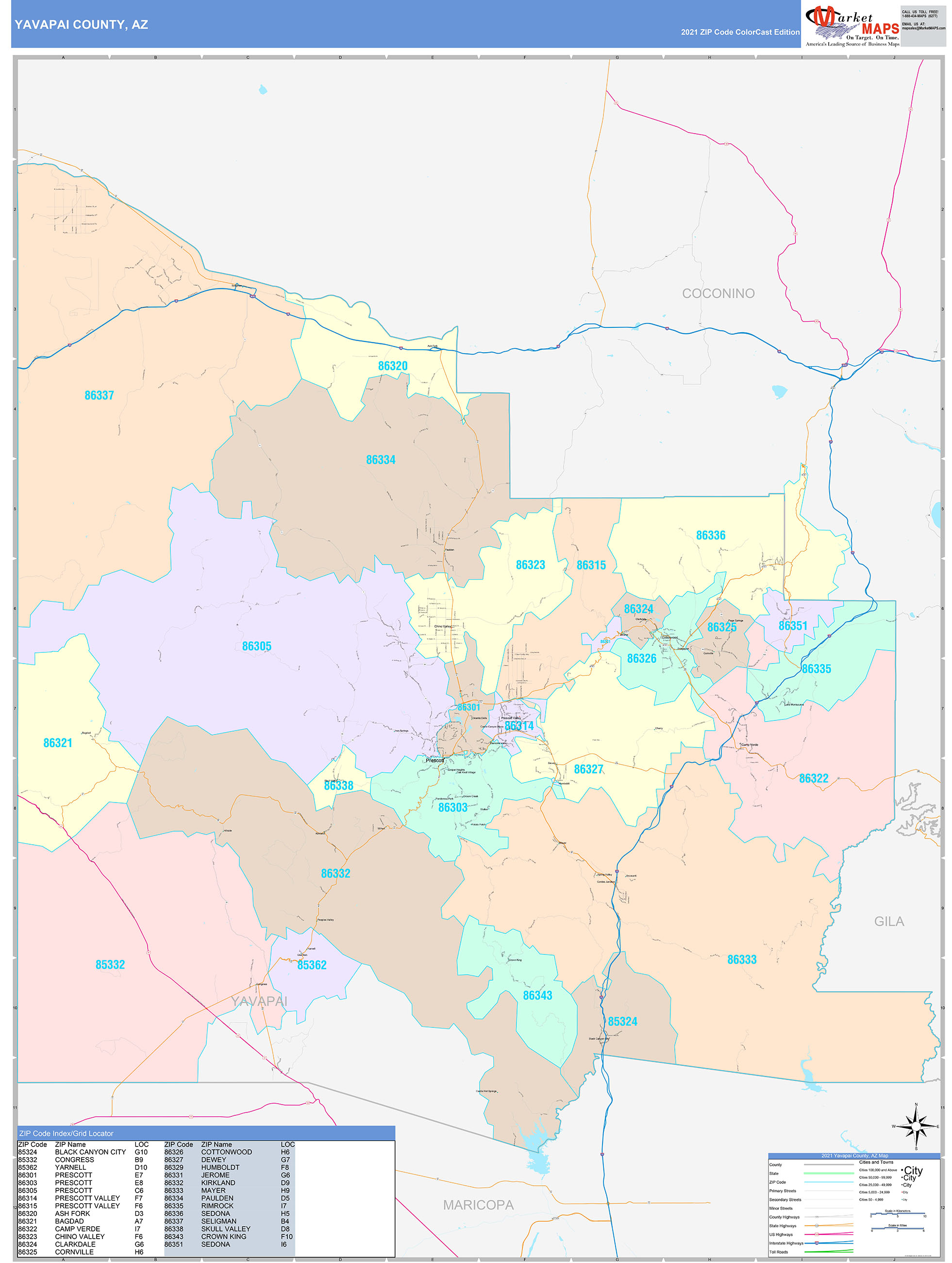 Yavapai County AZ Wall Map Color Cast Style by MarketMAPS MapSales