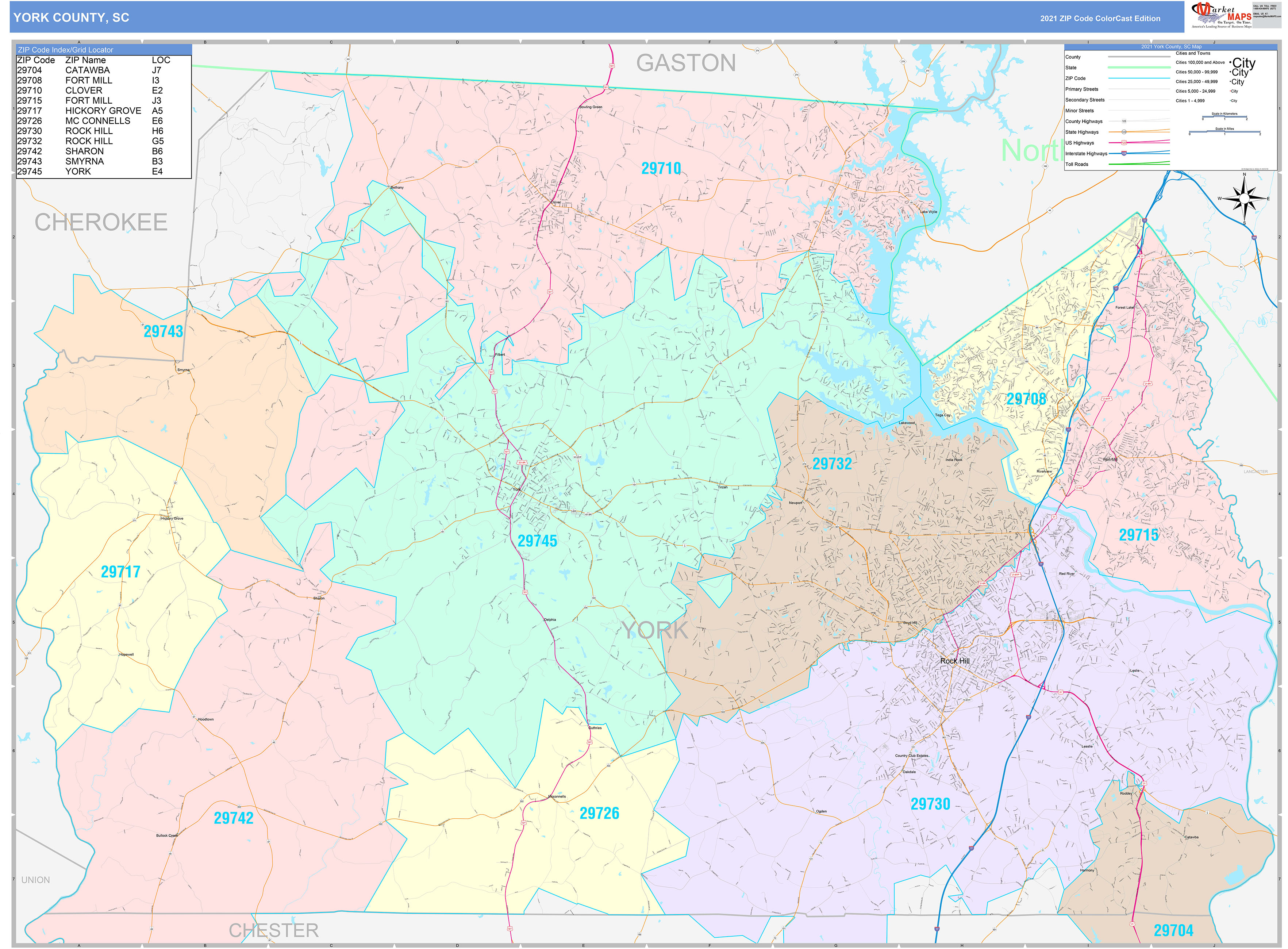 York County, SC Wall Map Color Cast Style by MarketMAPS - MapSales.com