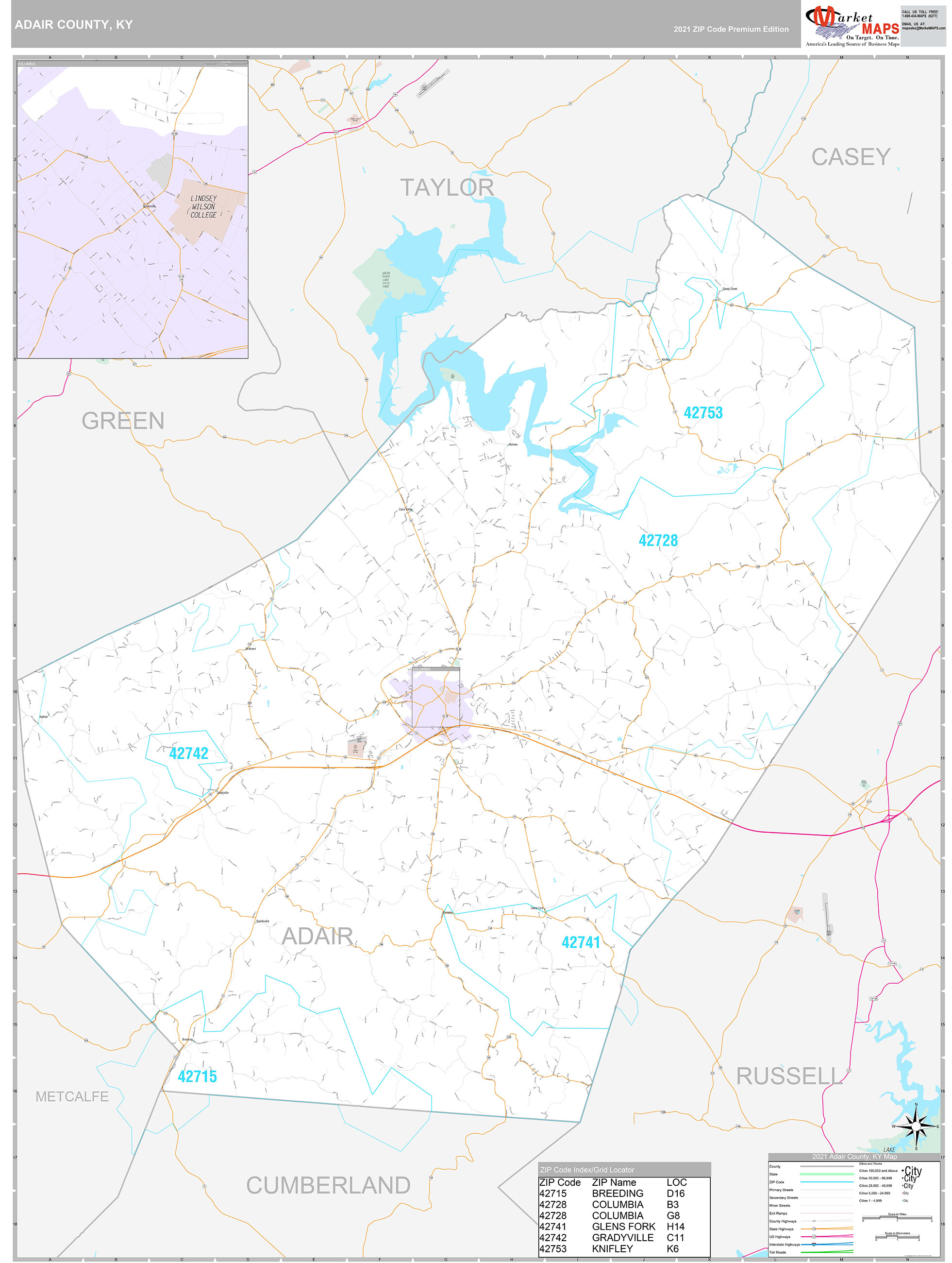 Adair County, KY Wall Map Premium Style by MarketMAPS