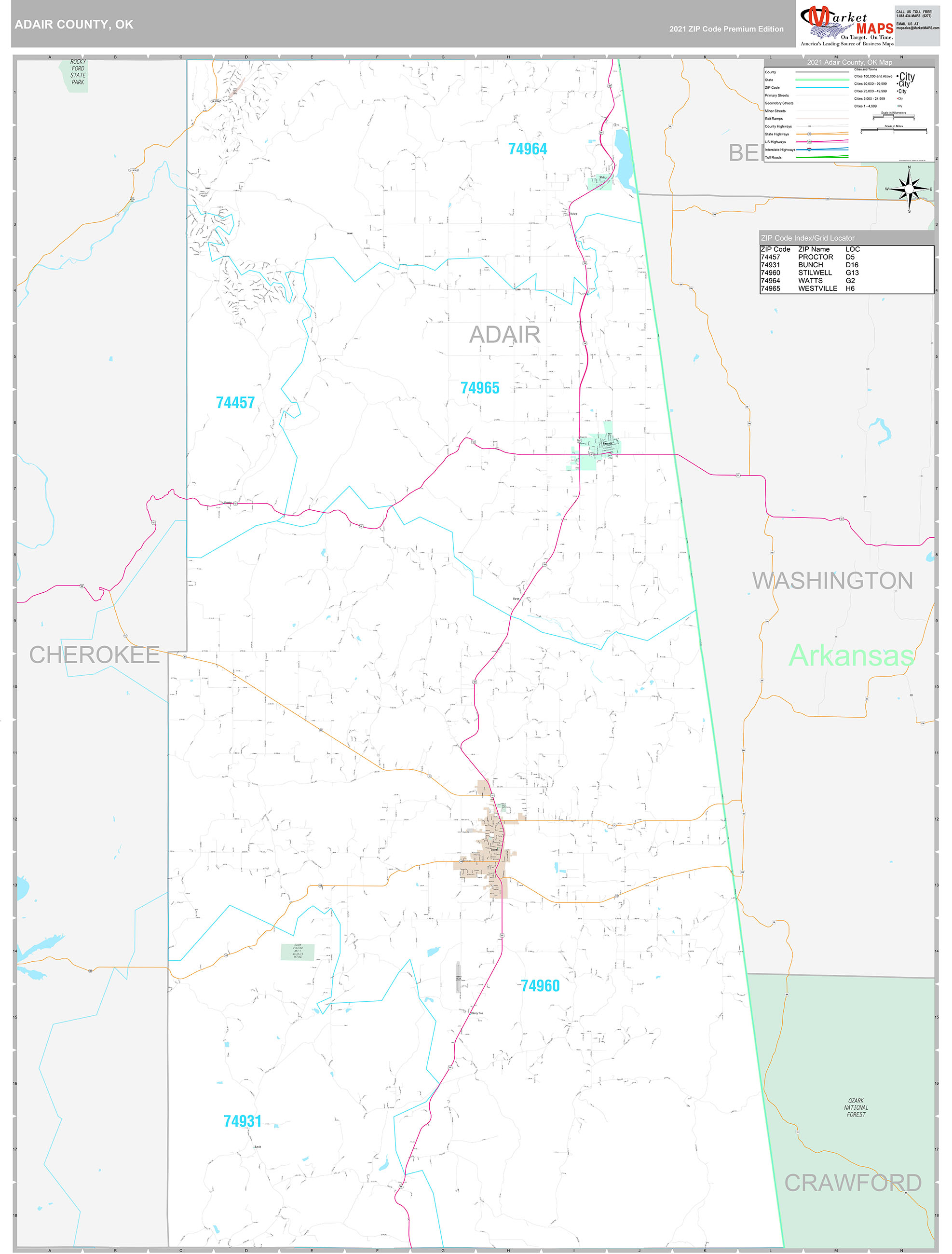 Adair County, OK Wall Map Premium Style by MarketMAPS
