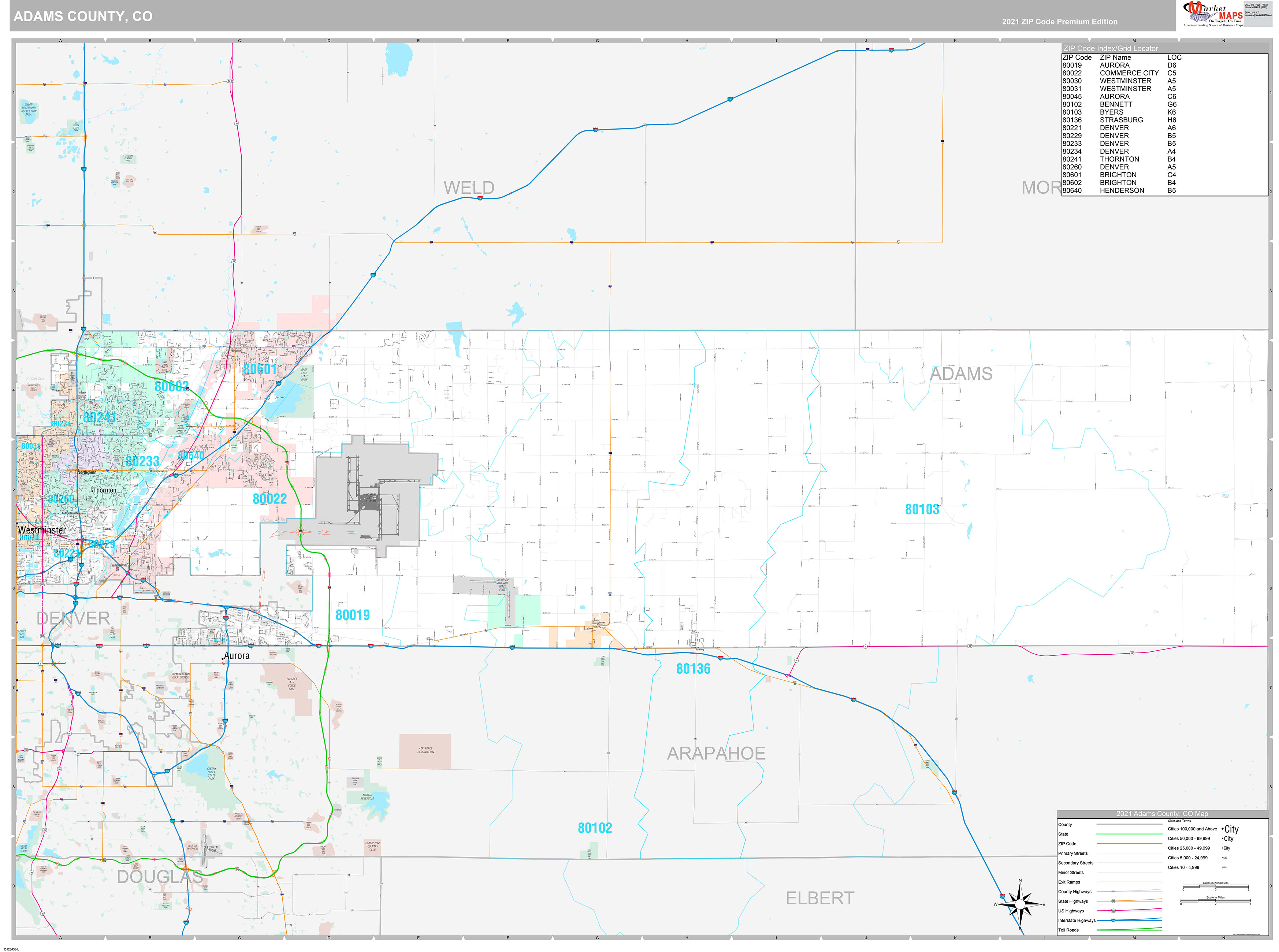 Adams County, CO Wall Map Premium Style by MarketMAPS