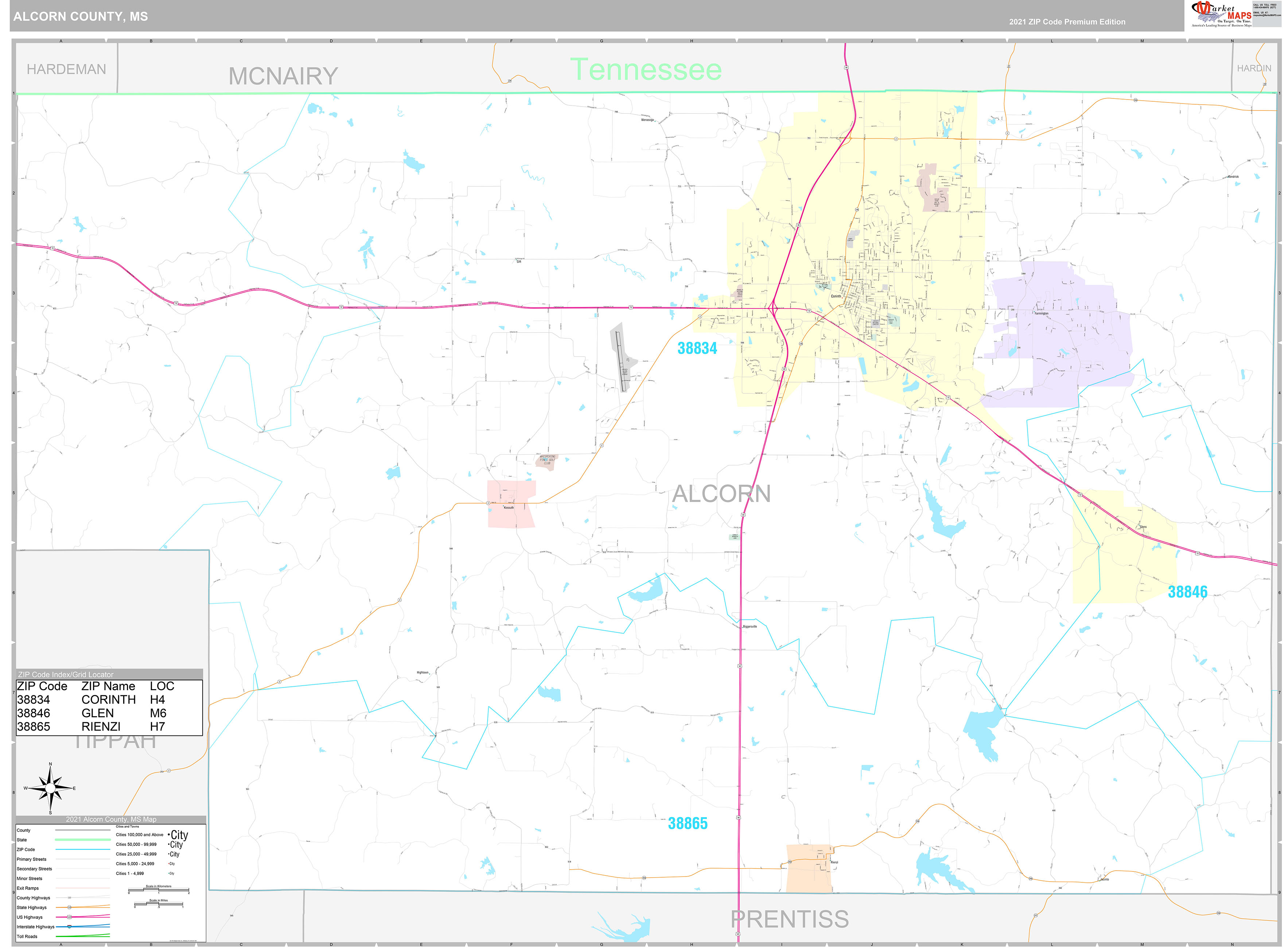 Alcorn County, MS Wall Map Premium Style by MarketMAPS