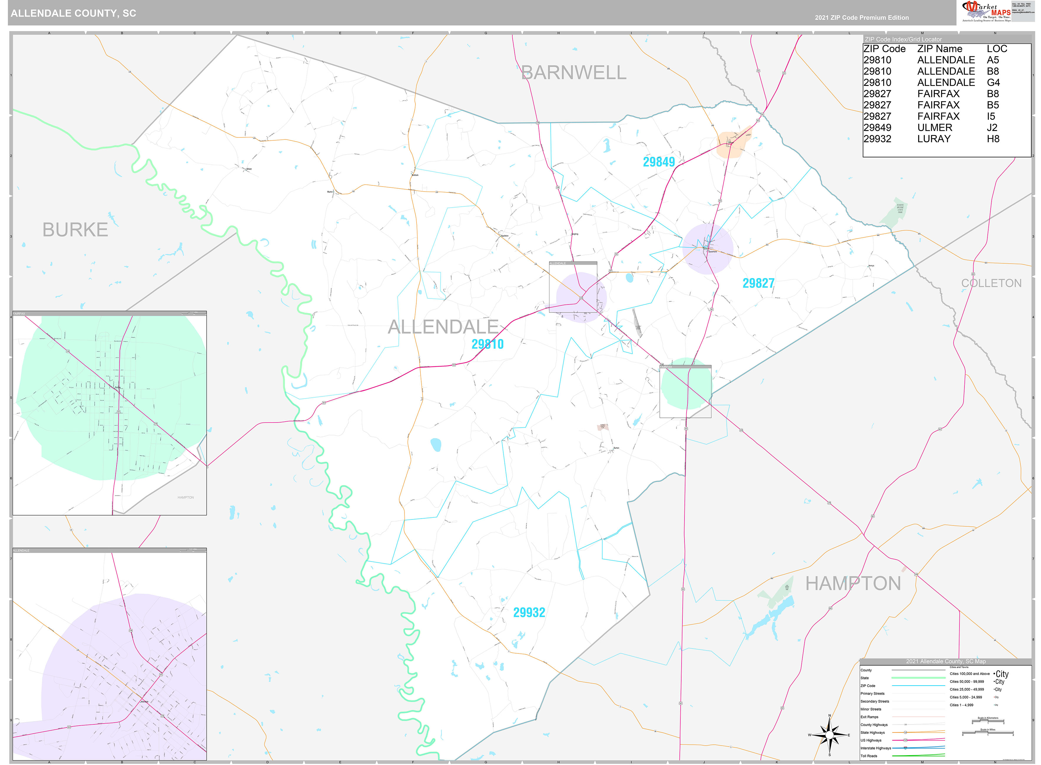 Allendale County, SC Wall Map Premium Style by MarketMAPS