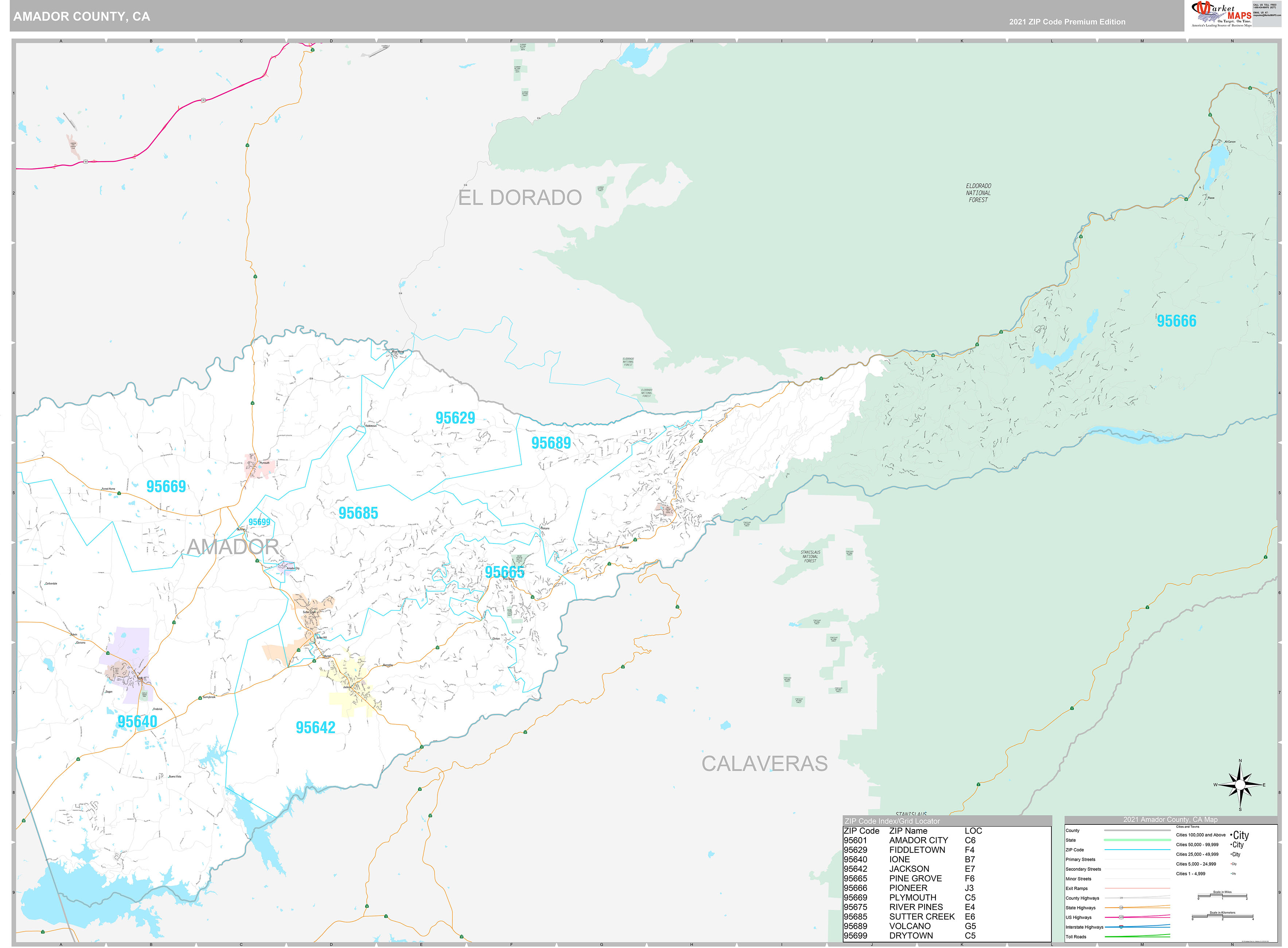 Amador County, CA Wall Map Premium Style by MarketMAPS - MapSales