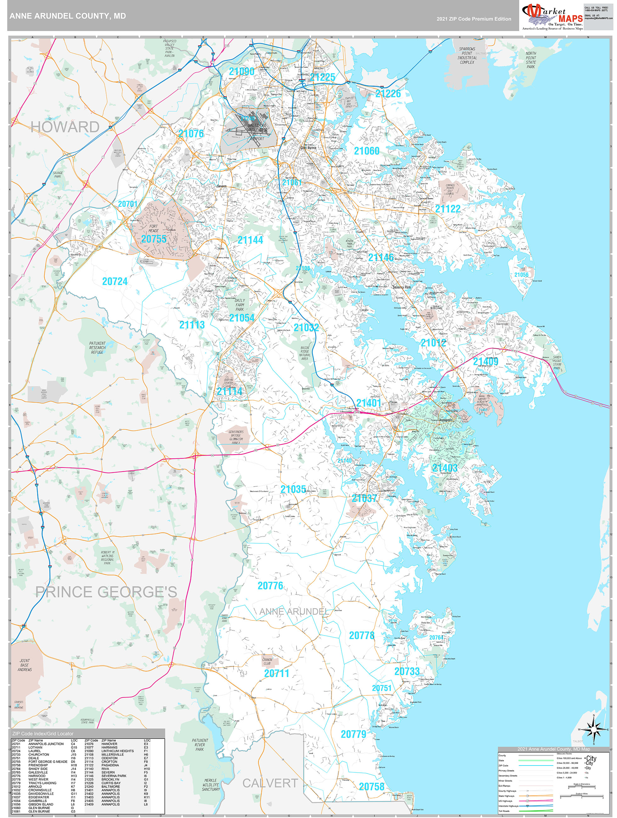 Anne Arundel County, MD Wall Map Premium Style by MarketMAPS