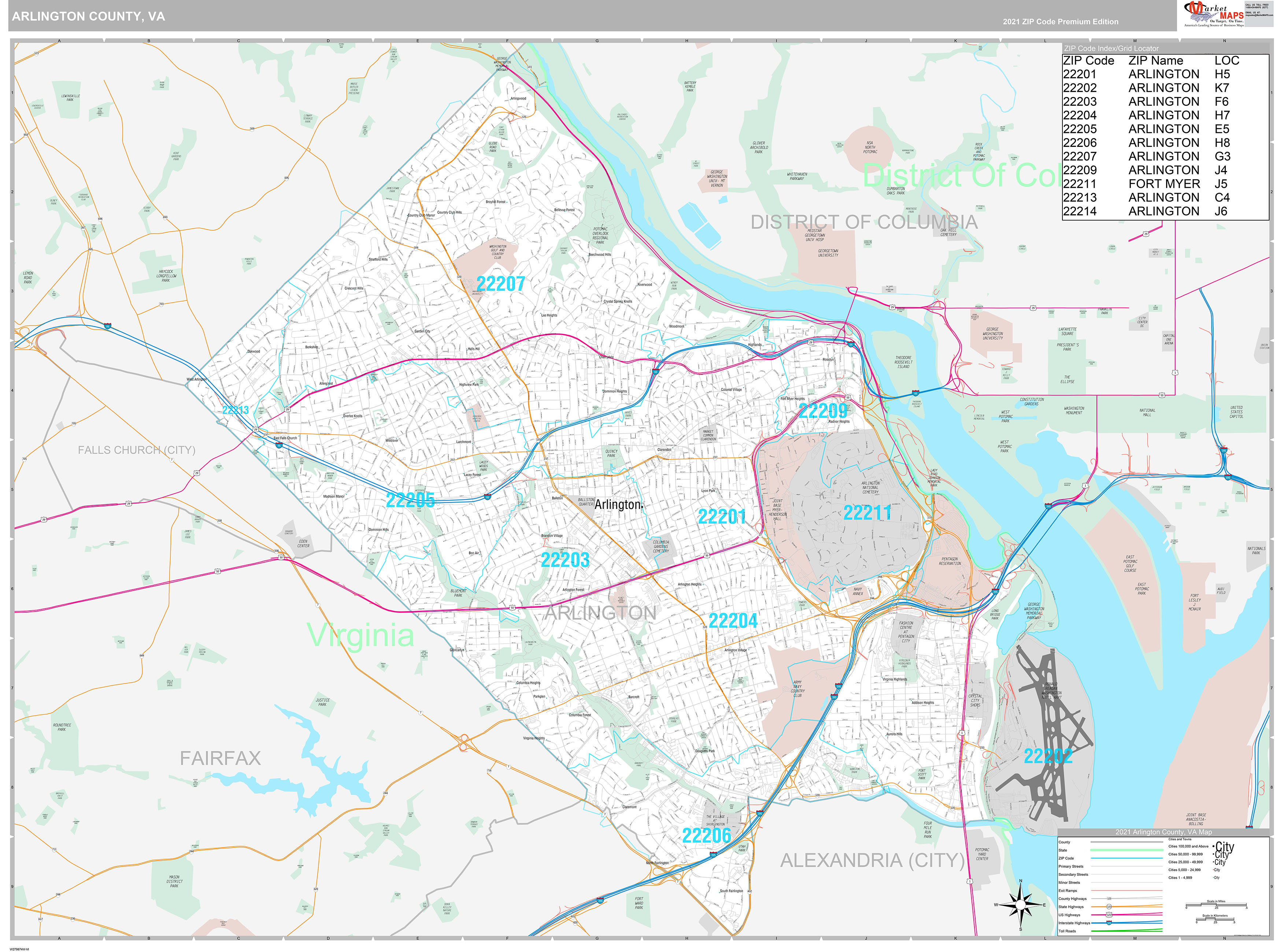 Arlington County VA Wall Map Premium Style By MarketMAPS MapSales