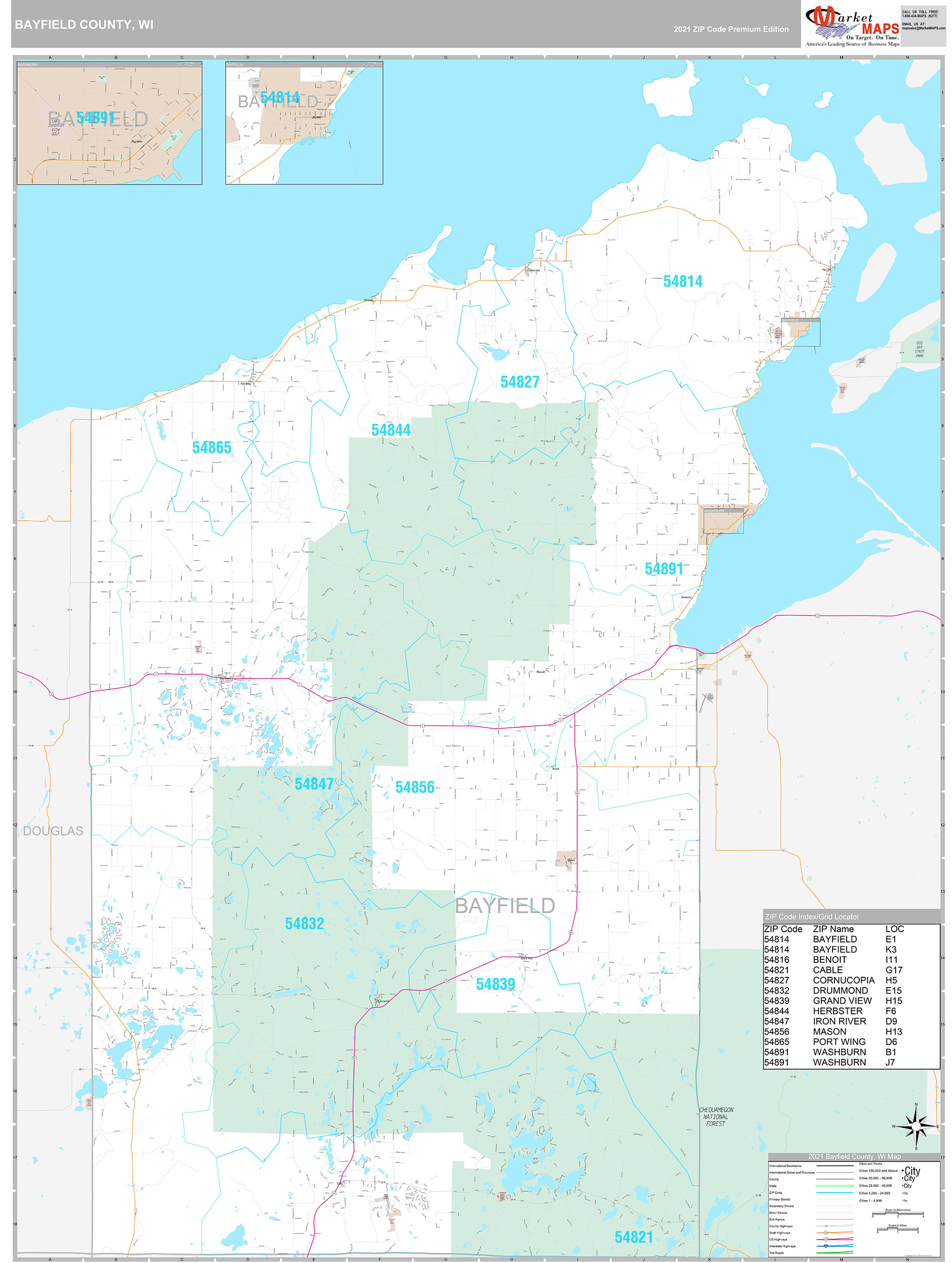 Bayfield County, WI Wall Map Premium Style by MarketMAPS