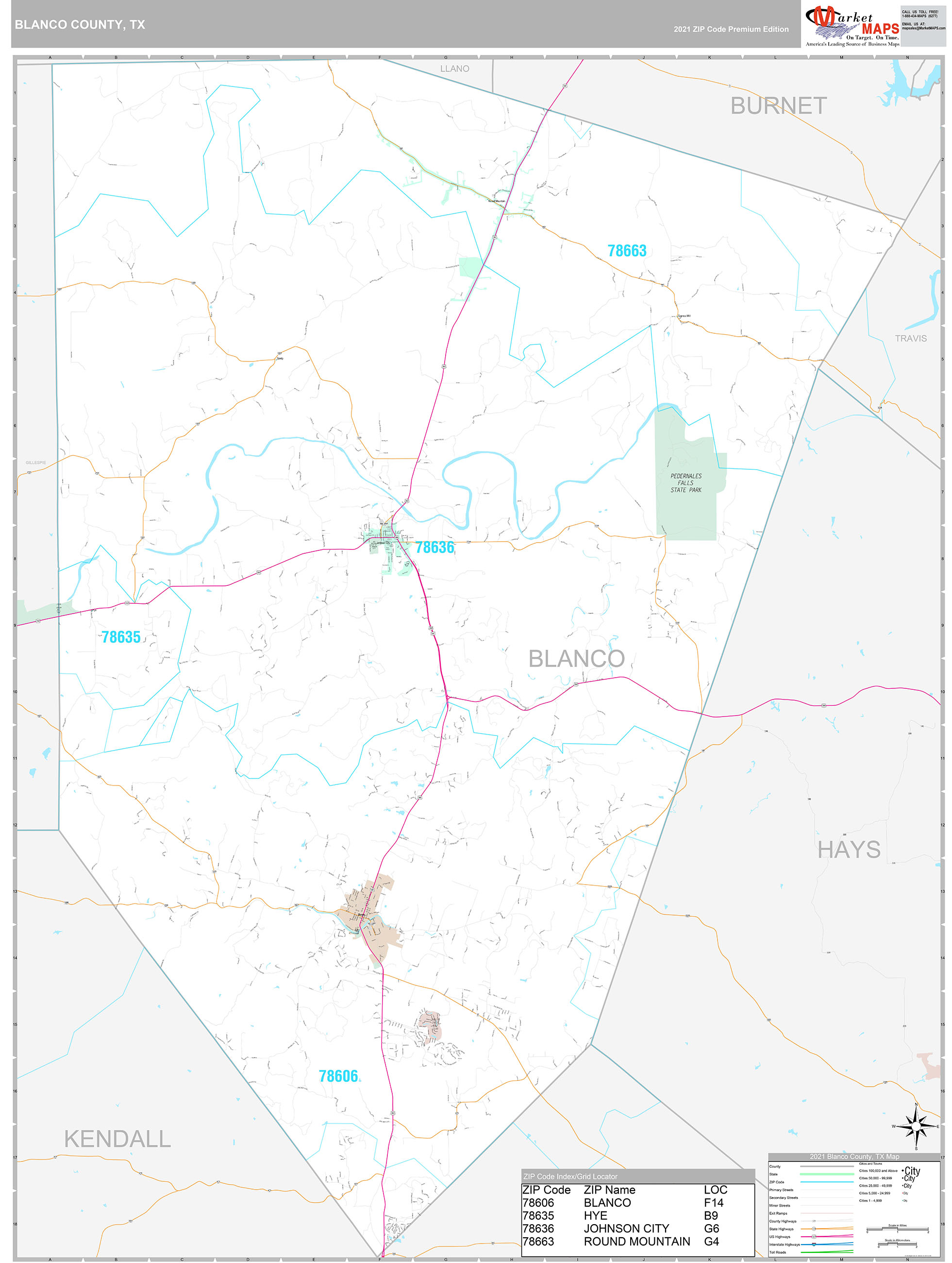 Blanco County, TX Wall Map Premium Style by MarketMAPS