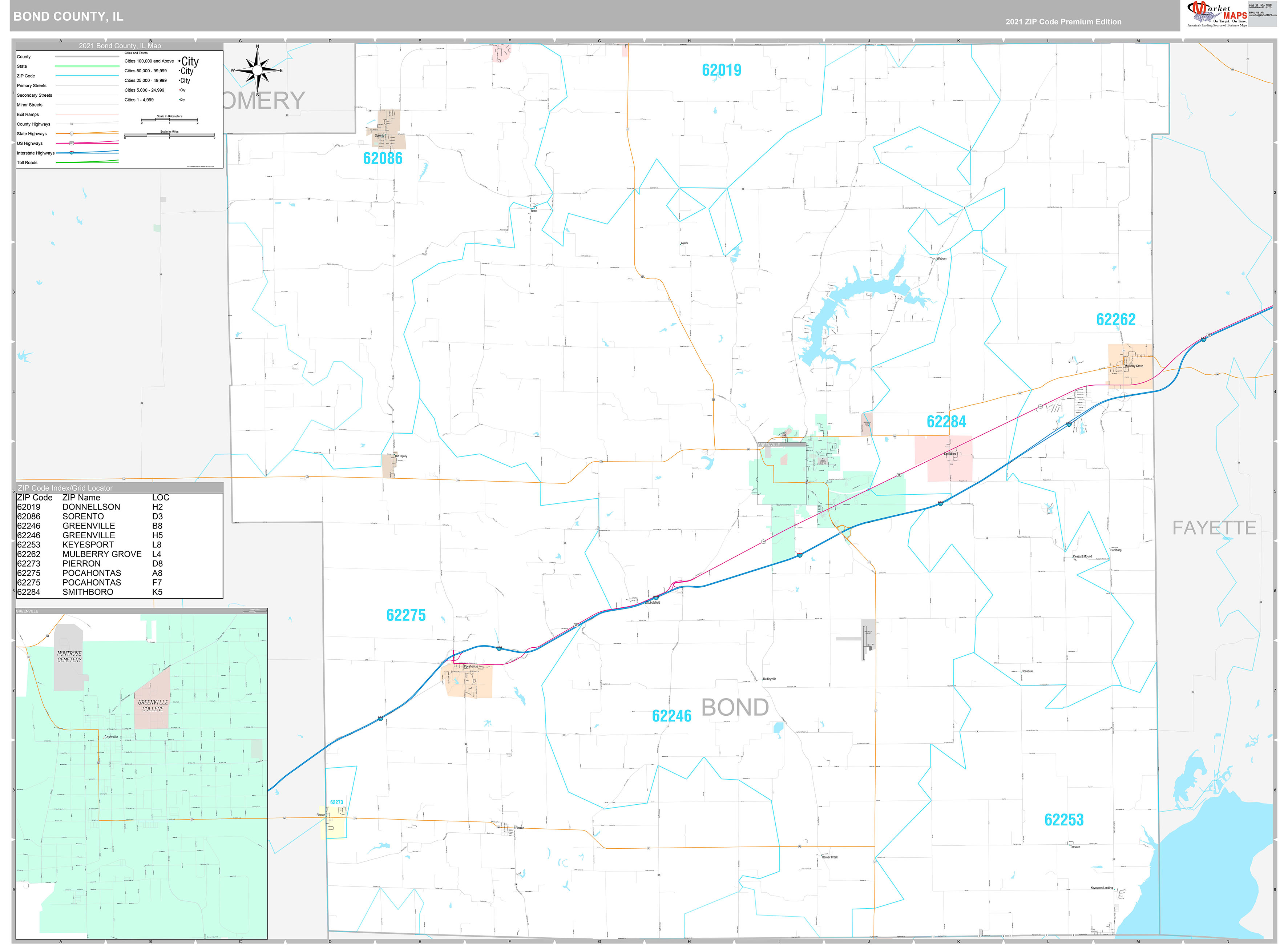 Bond County, IL Wall Map Premium Style by MarketMAPS