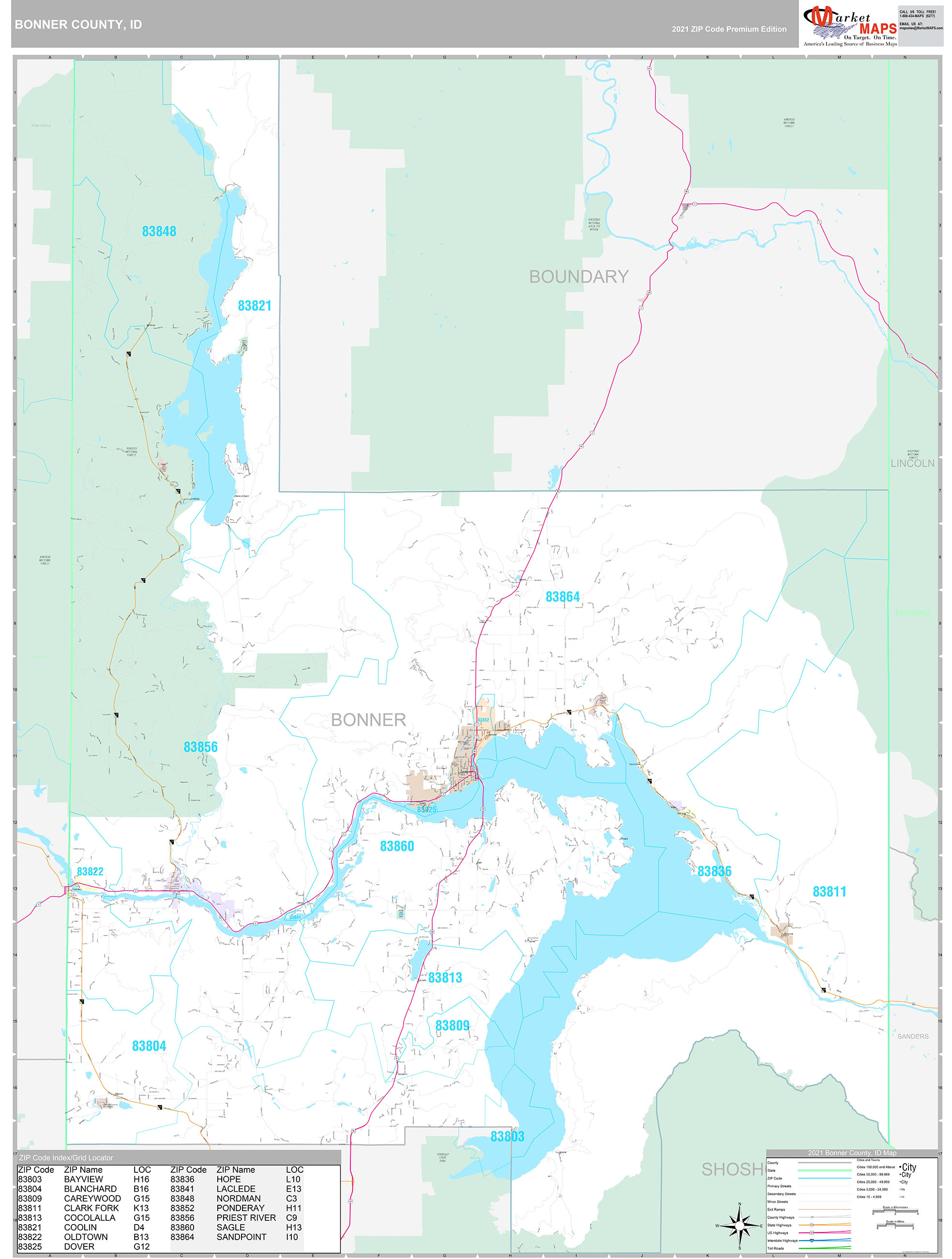 Bonner County, ID Wall Map Premium Style by MarketMAPS