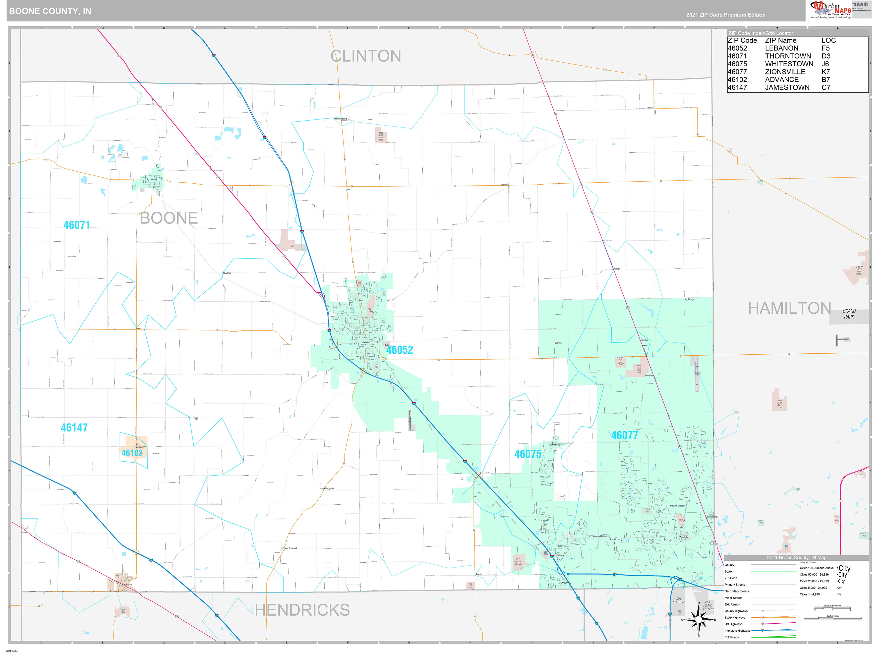 Boone County, IN Wall Map Premium Style by MarketMAPS