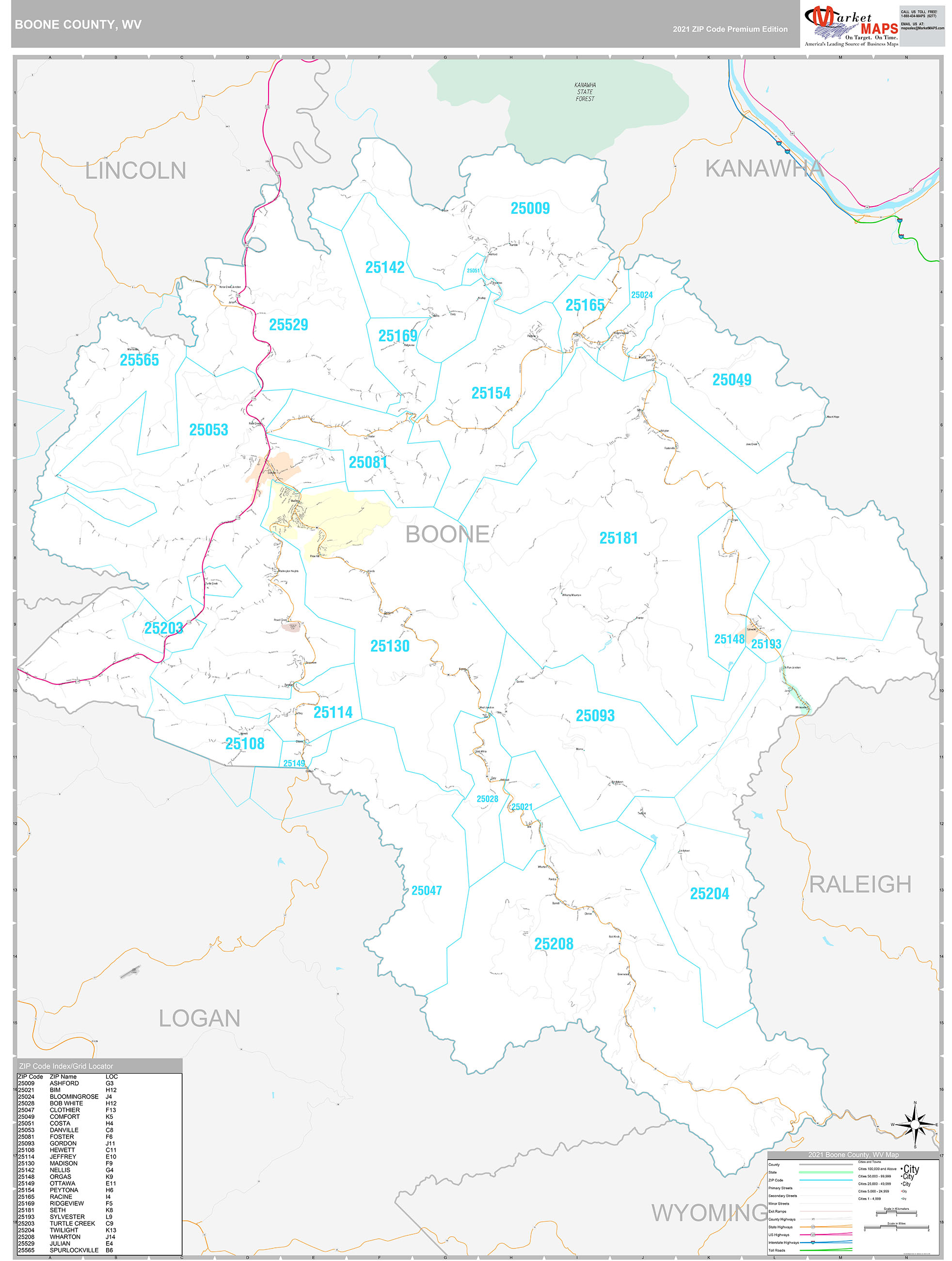 Boone County, WV Wall Map Premium Style by MarketMAPS