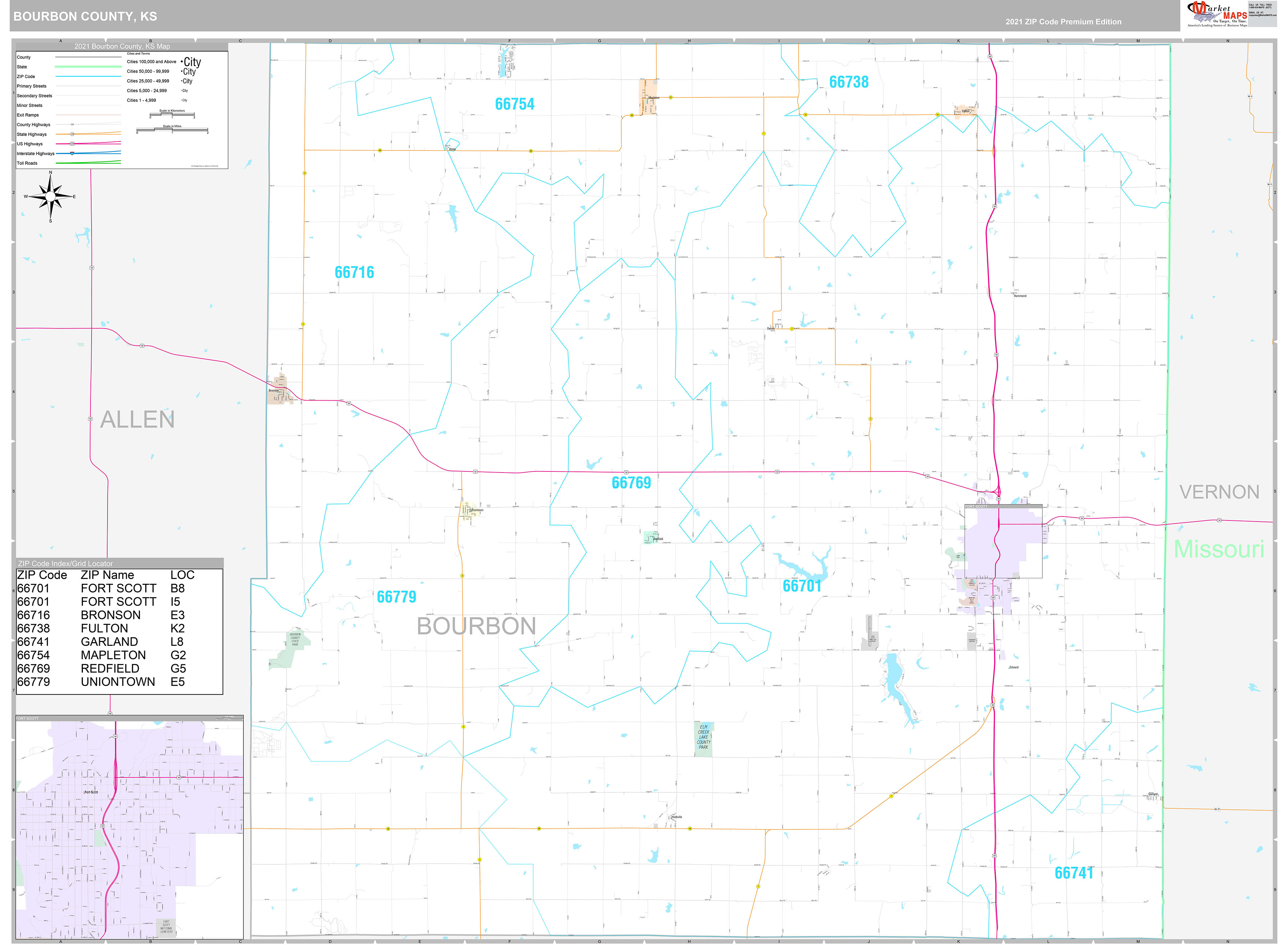 Bourbon County, KS Wall Map Premium Style by MarketMAPS MapSales