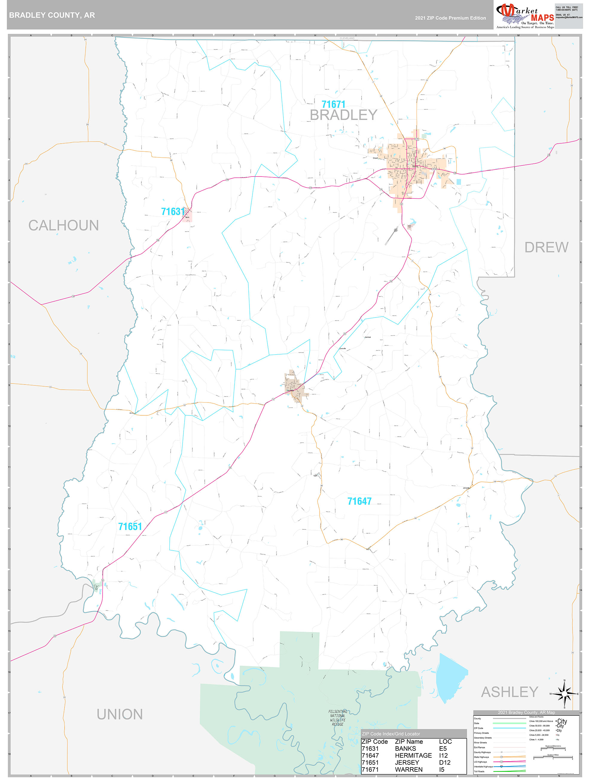 Bradley County, AR Wall Map Premium Style by MarketMAPS MapSales