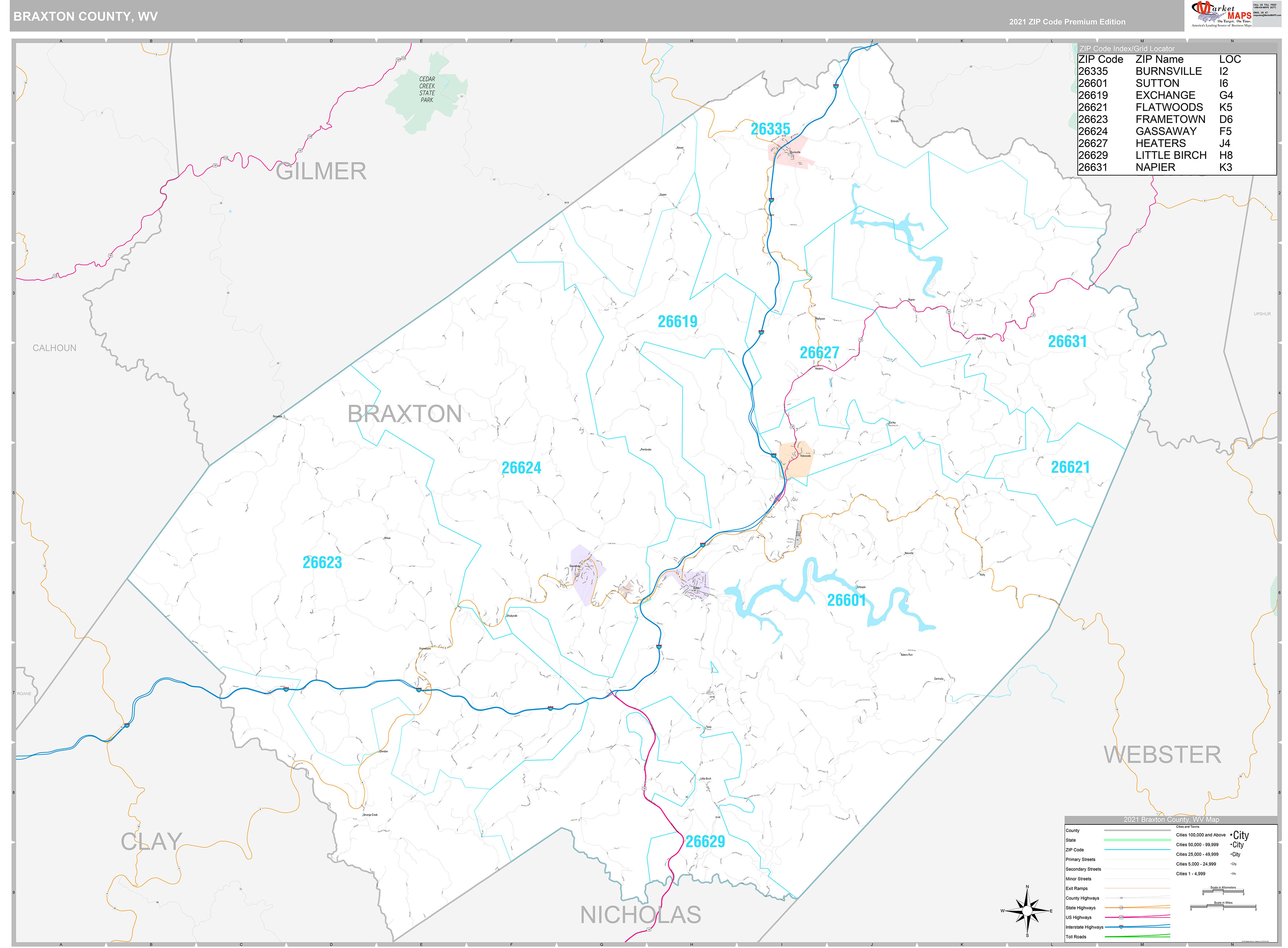 Braxton County, WV Wall Map Premium Style by MarketMAPS MapSales