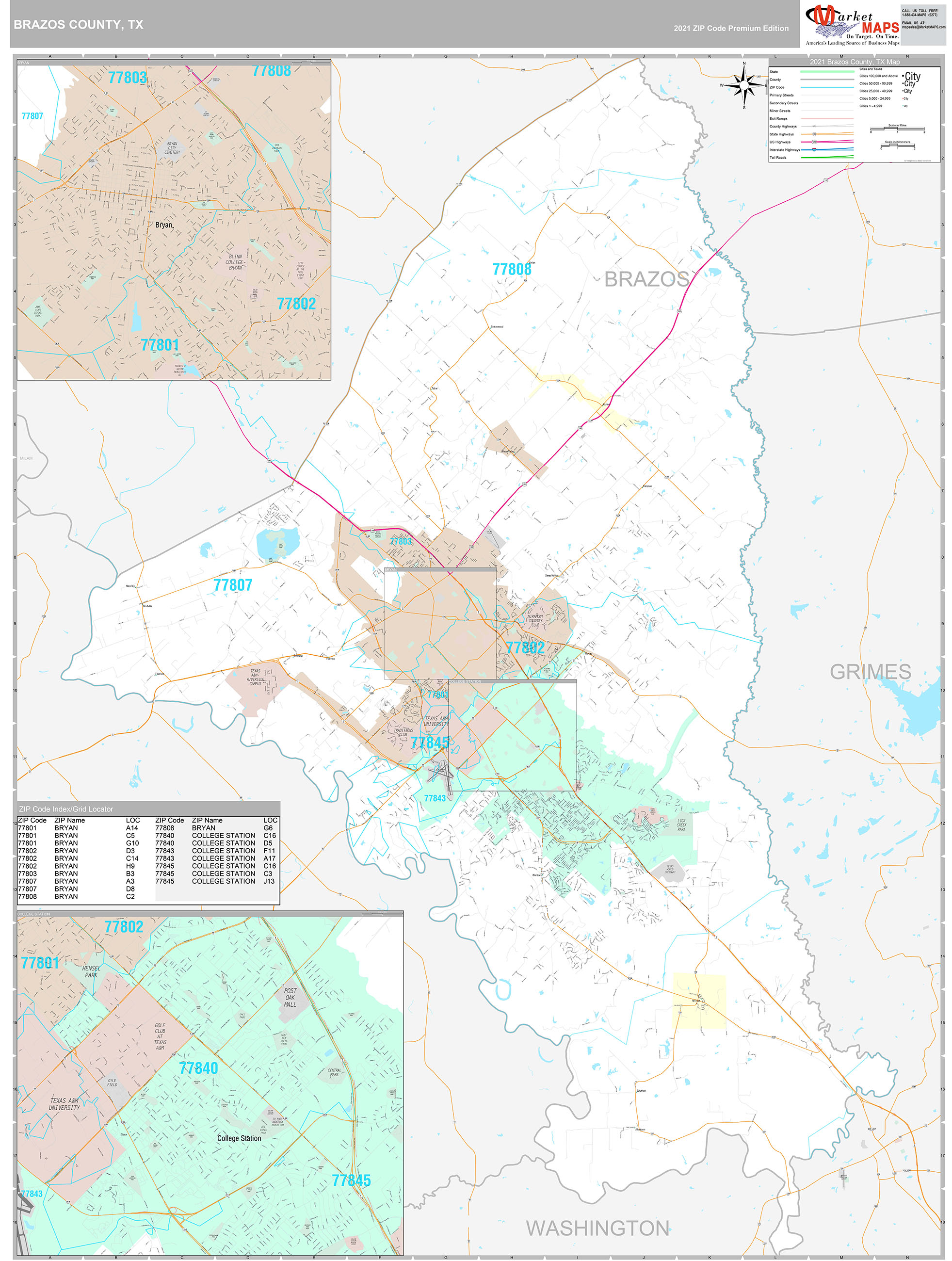 Brazos County, TX Wall Map Premium Style by MarketMAPS