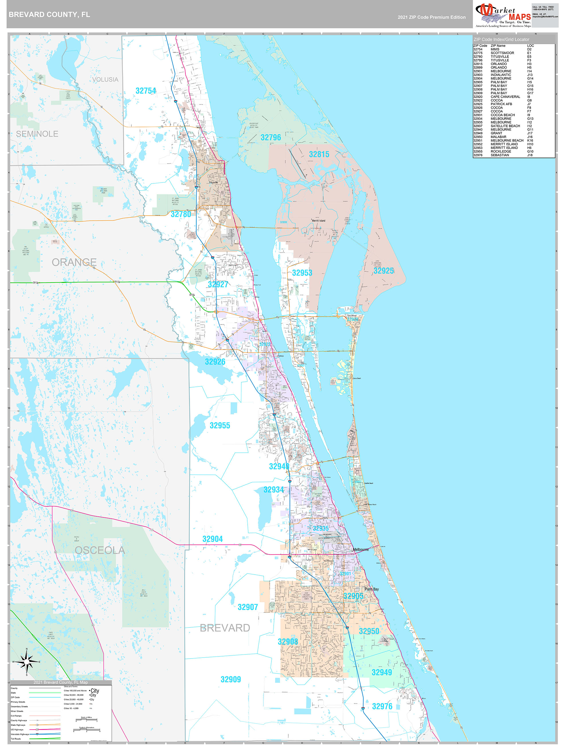 Brevard County, FL Wall Map Premium Style by MarketMAPS MapSales