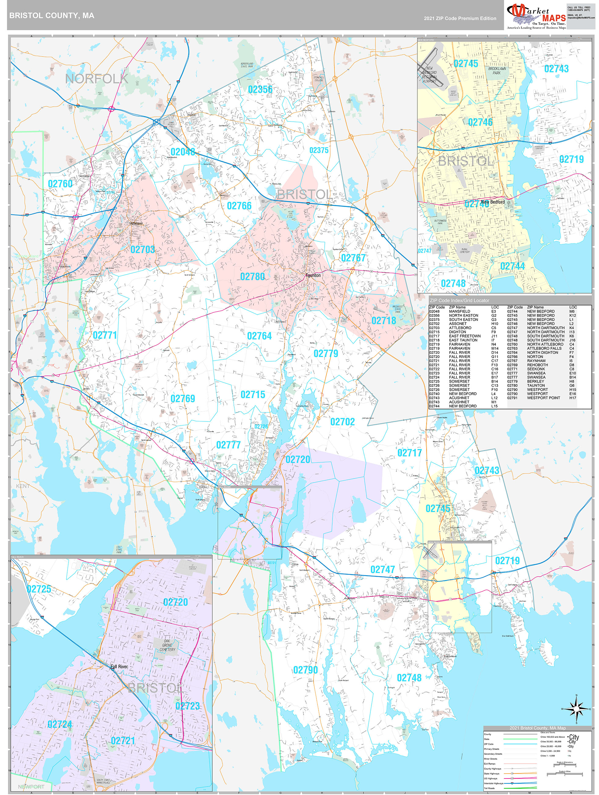 Bristol County, MA Wall Map Premium Style by MarketMAPS - MapSales
