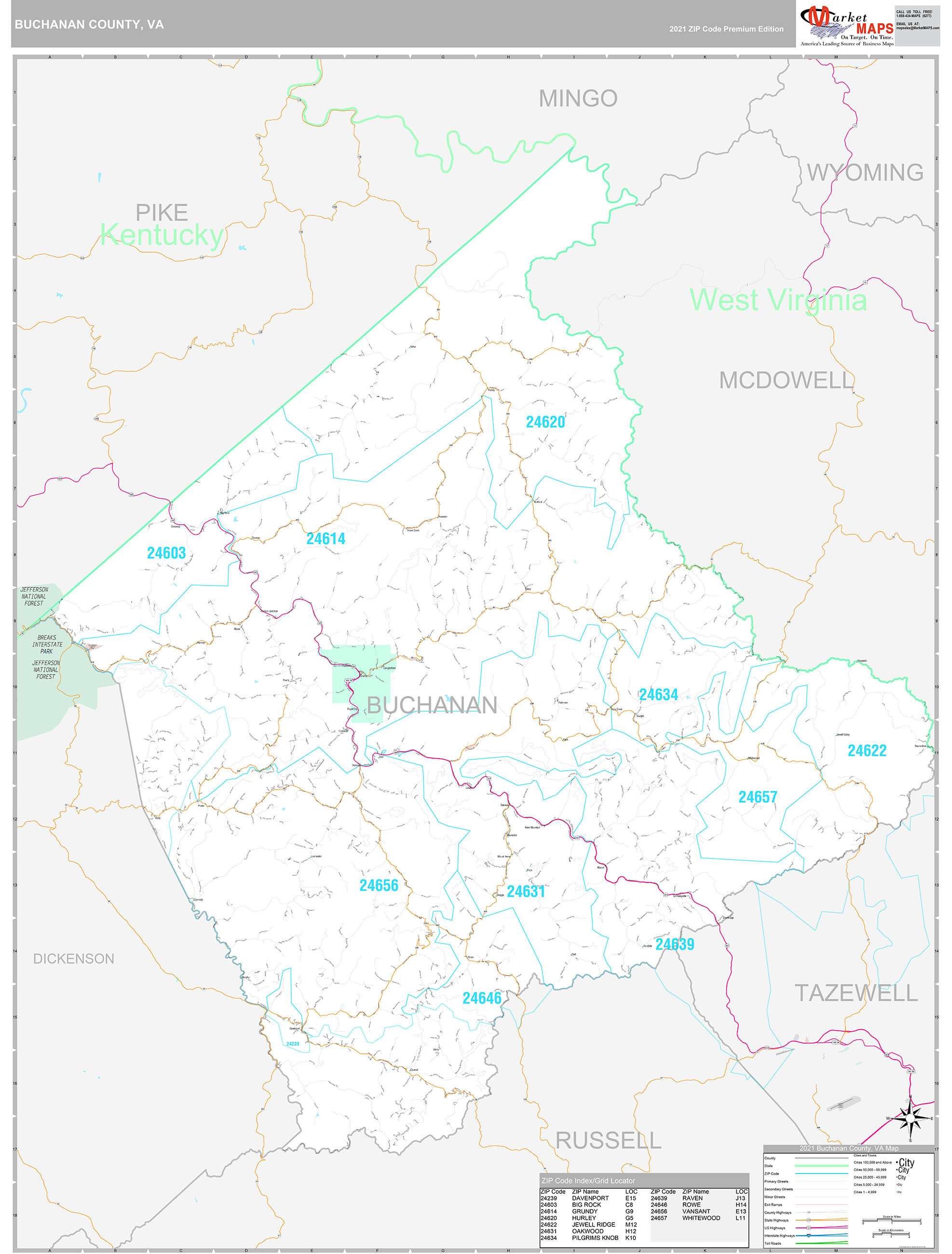 Buchanan County, VA Wall Map Premium Style by MarketMAPS