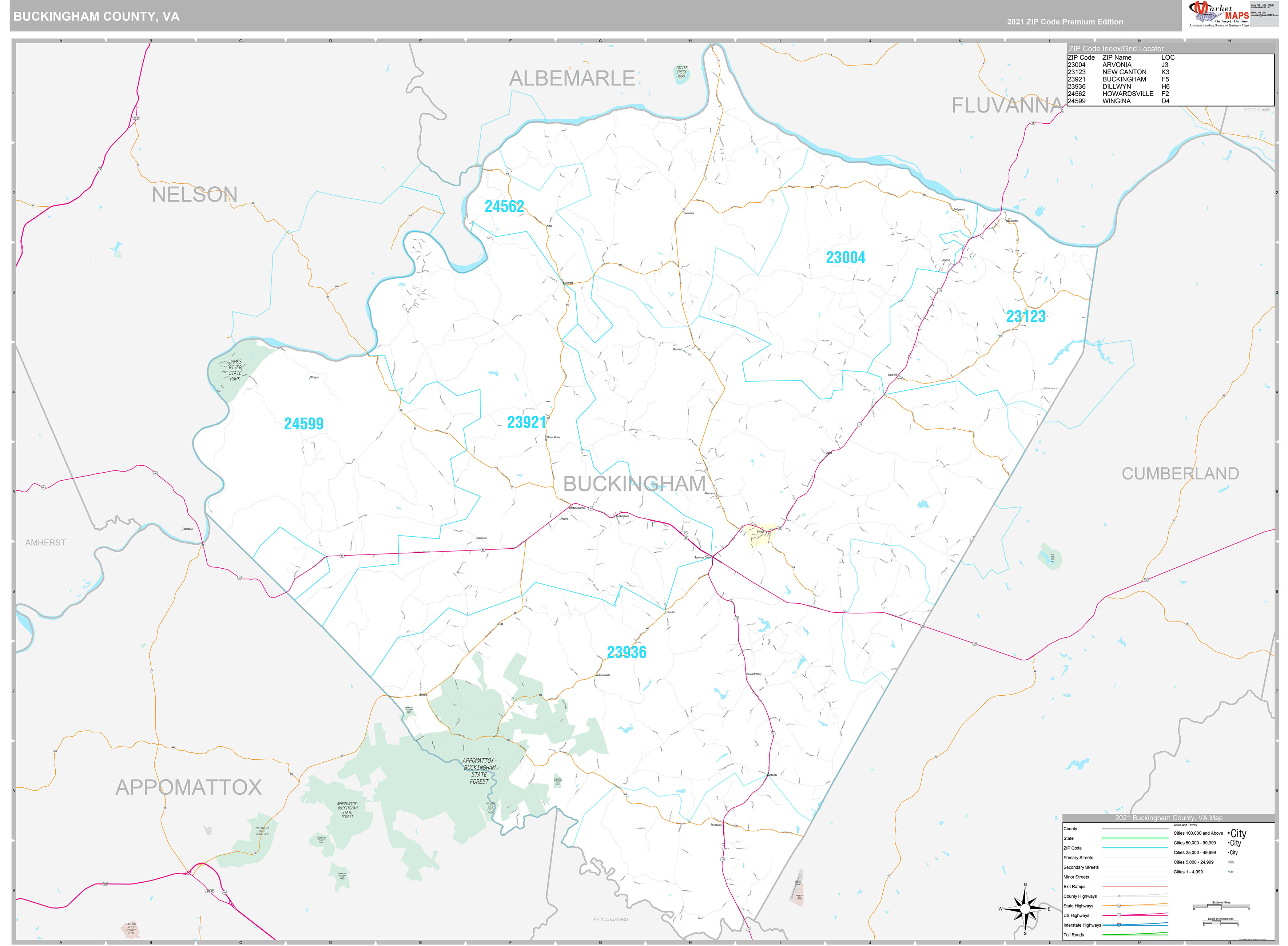 Buckingham County, VA Wall Map Premium Style by MarketMAPS