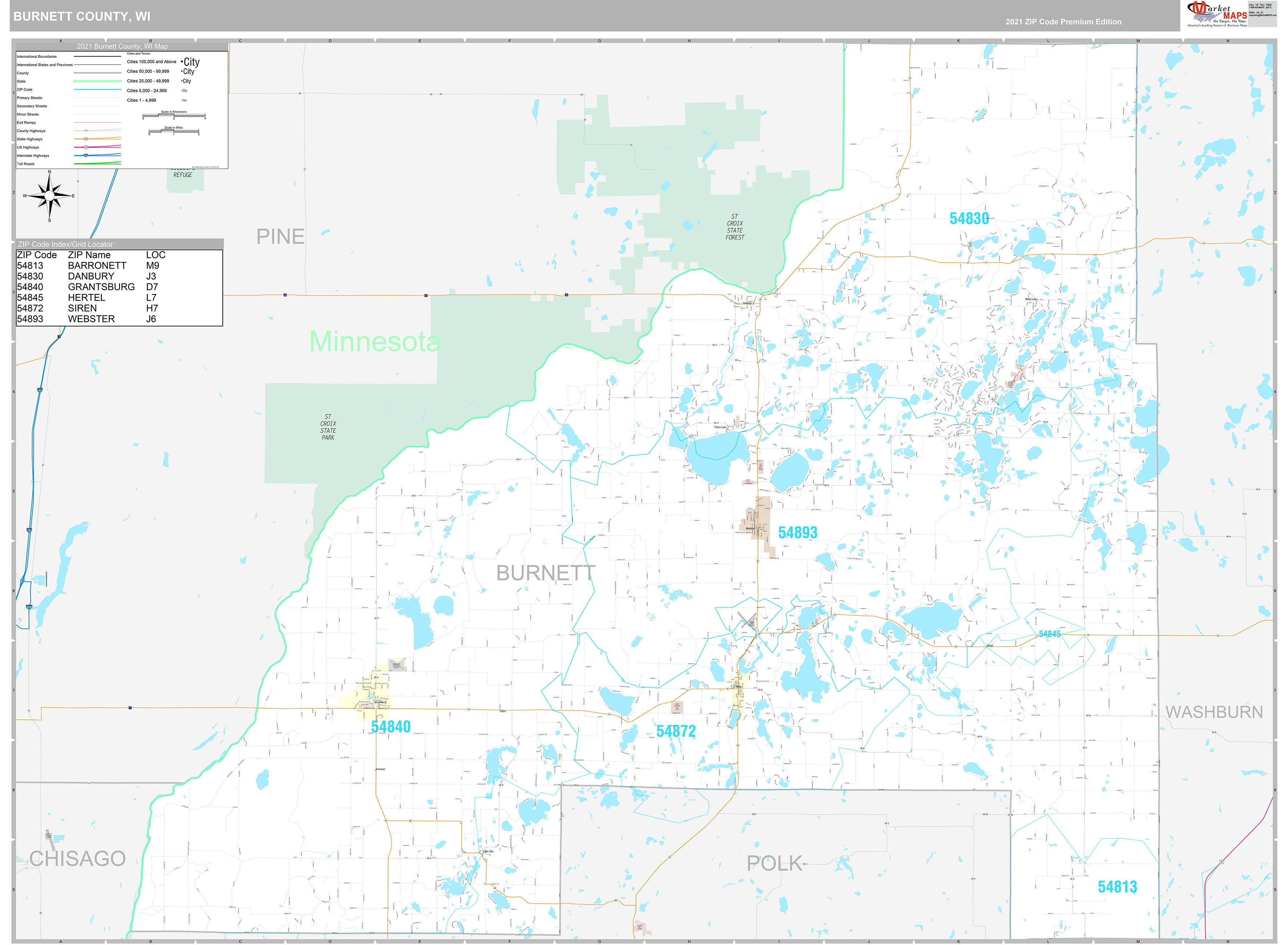 Burnett County, WI Wall Map Premium Style by MarketMAPS