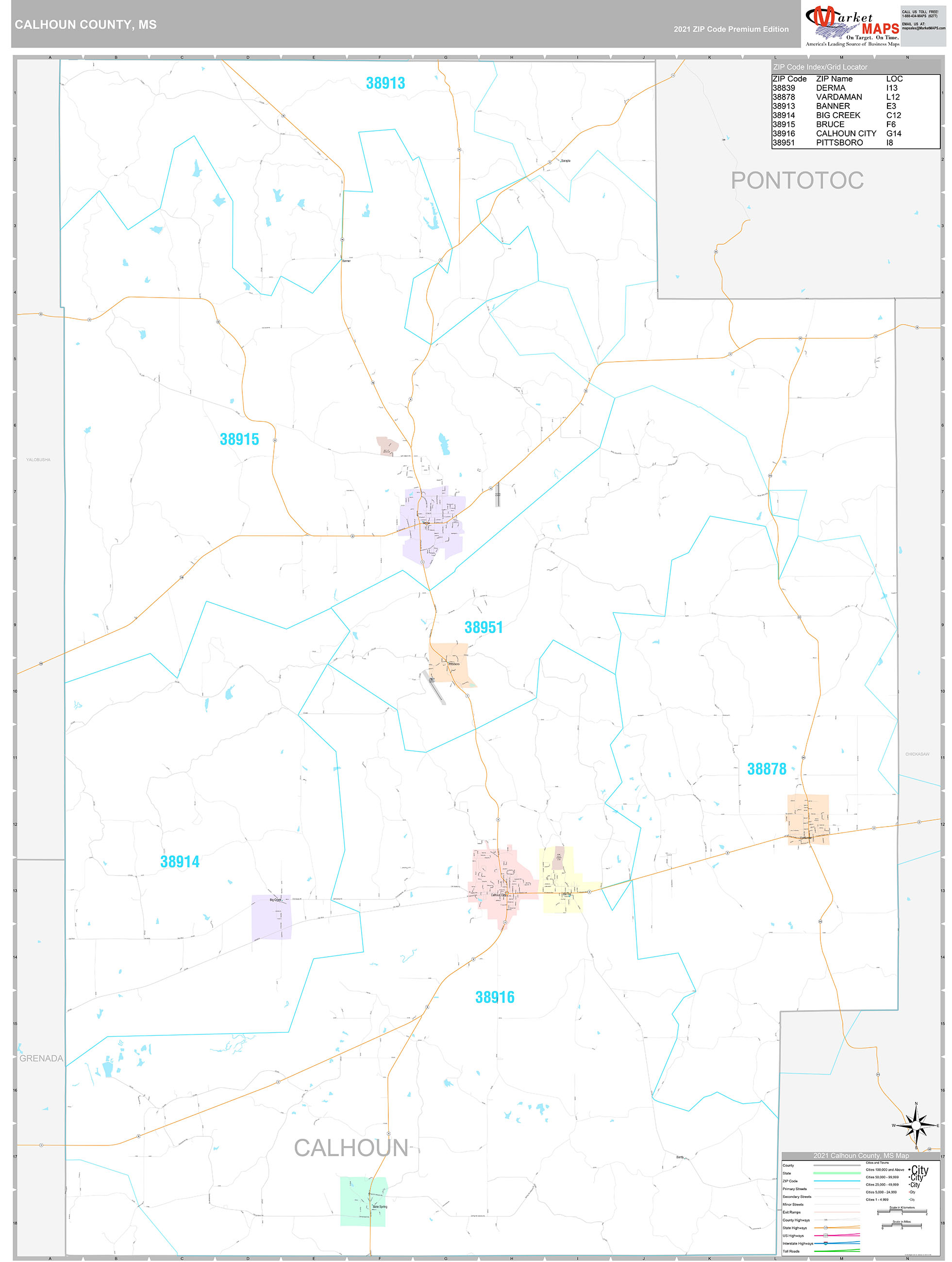 Calhoun County, MS Wall Map Premium Style by MarketMAPS