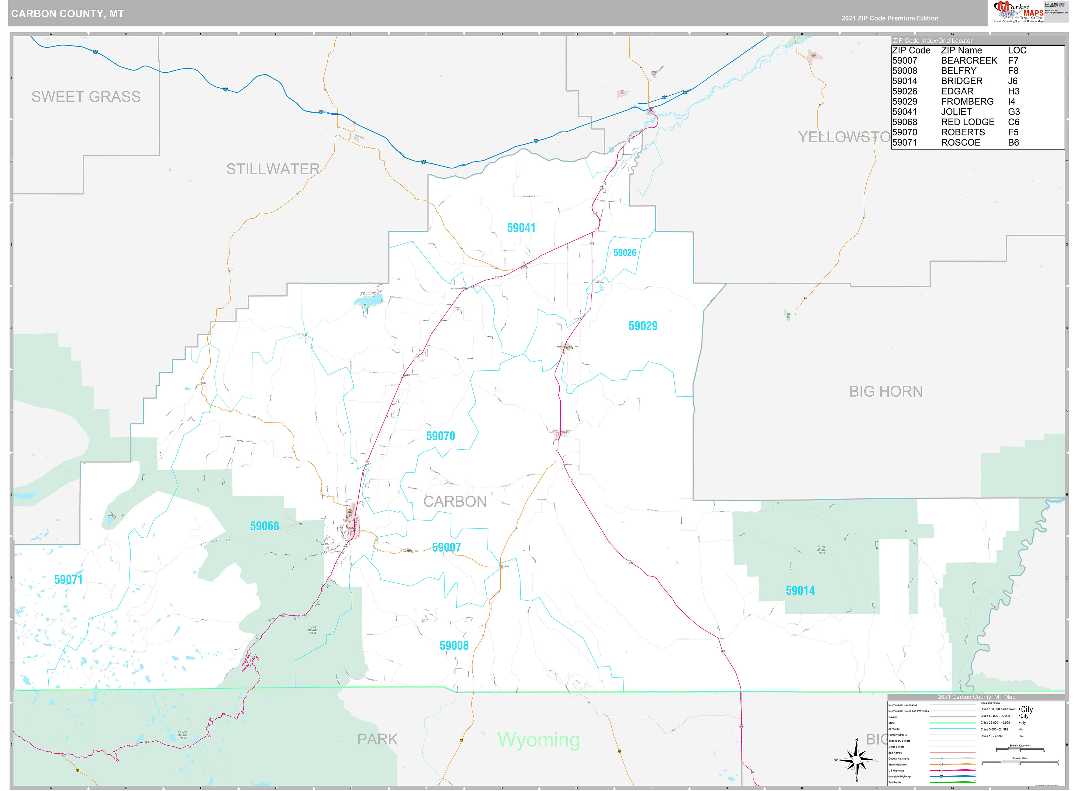 Carbon County MT Wall Map Premium Style by MarketMAPS