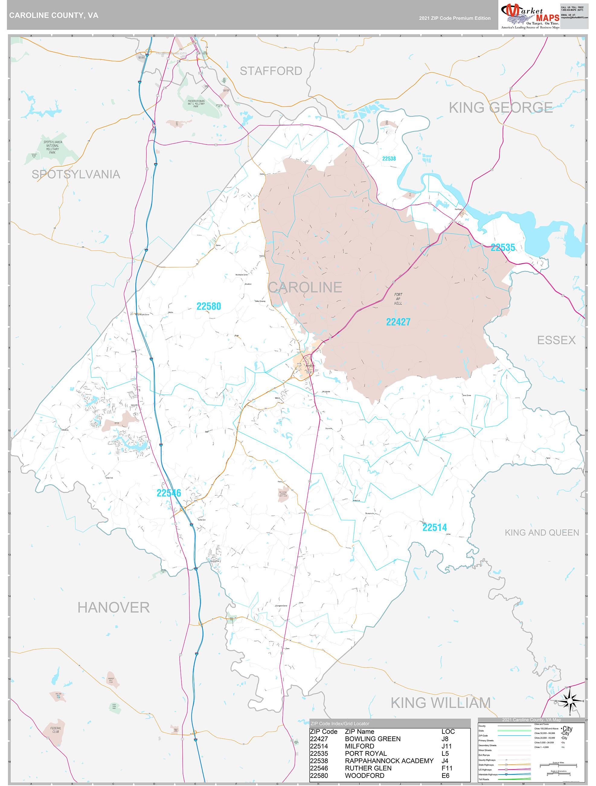 Caroline County, VA Wall Map Premium Style by MarketMAPS