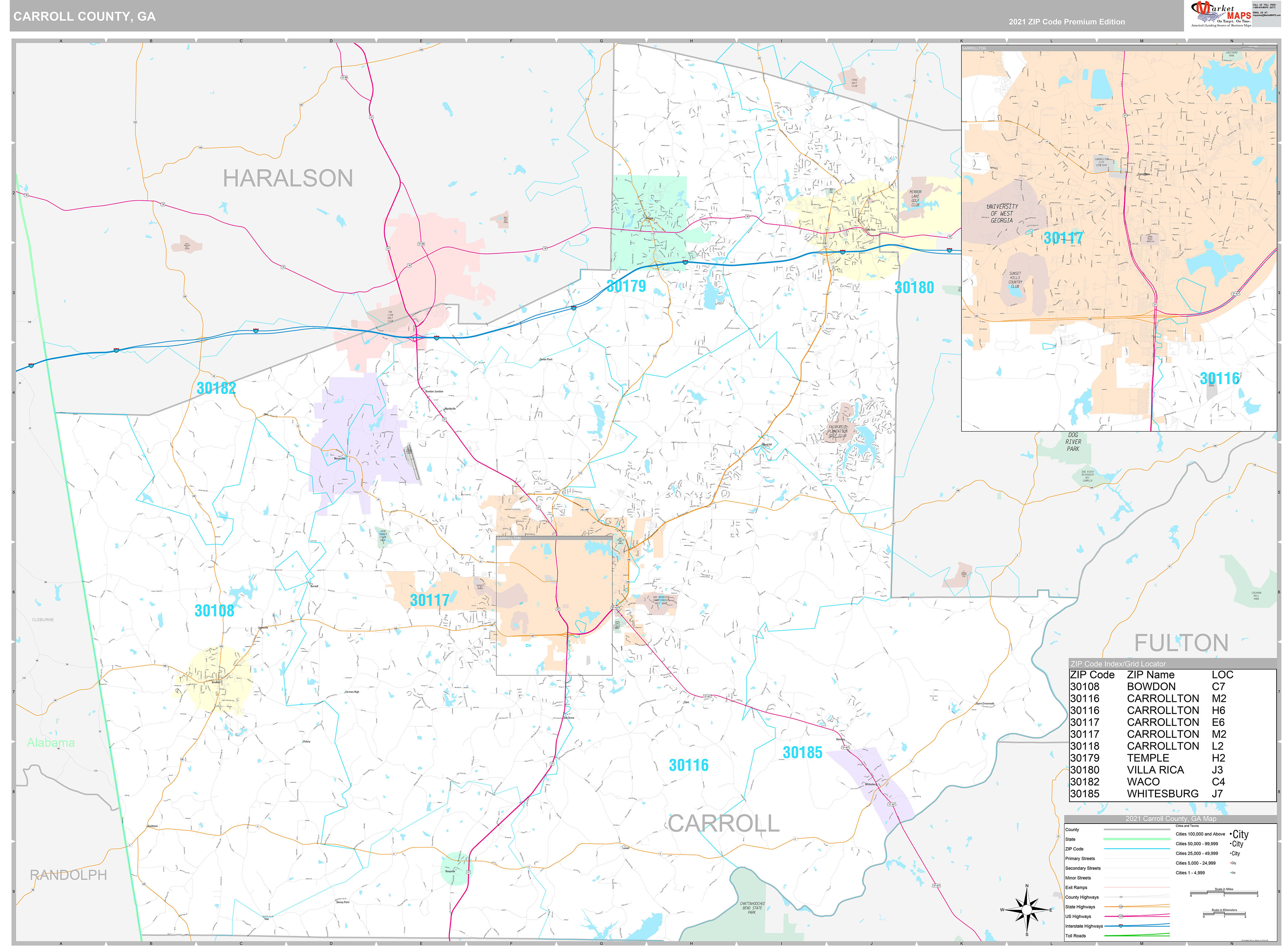 Carroll County, GA Wall Map Premium Style by MarketMAPS - MapSales