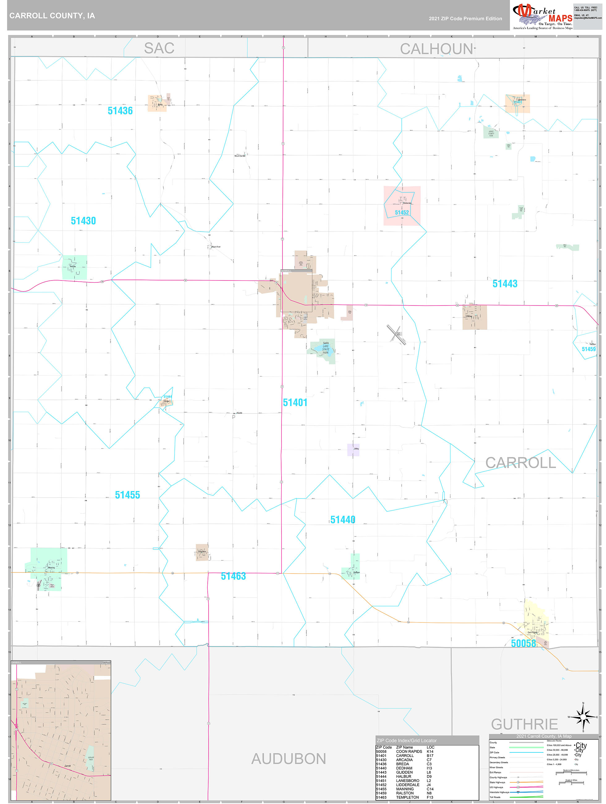 Carroll County, IA Wall Map Premium Style by MarketMAPS