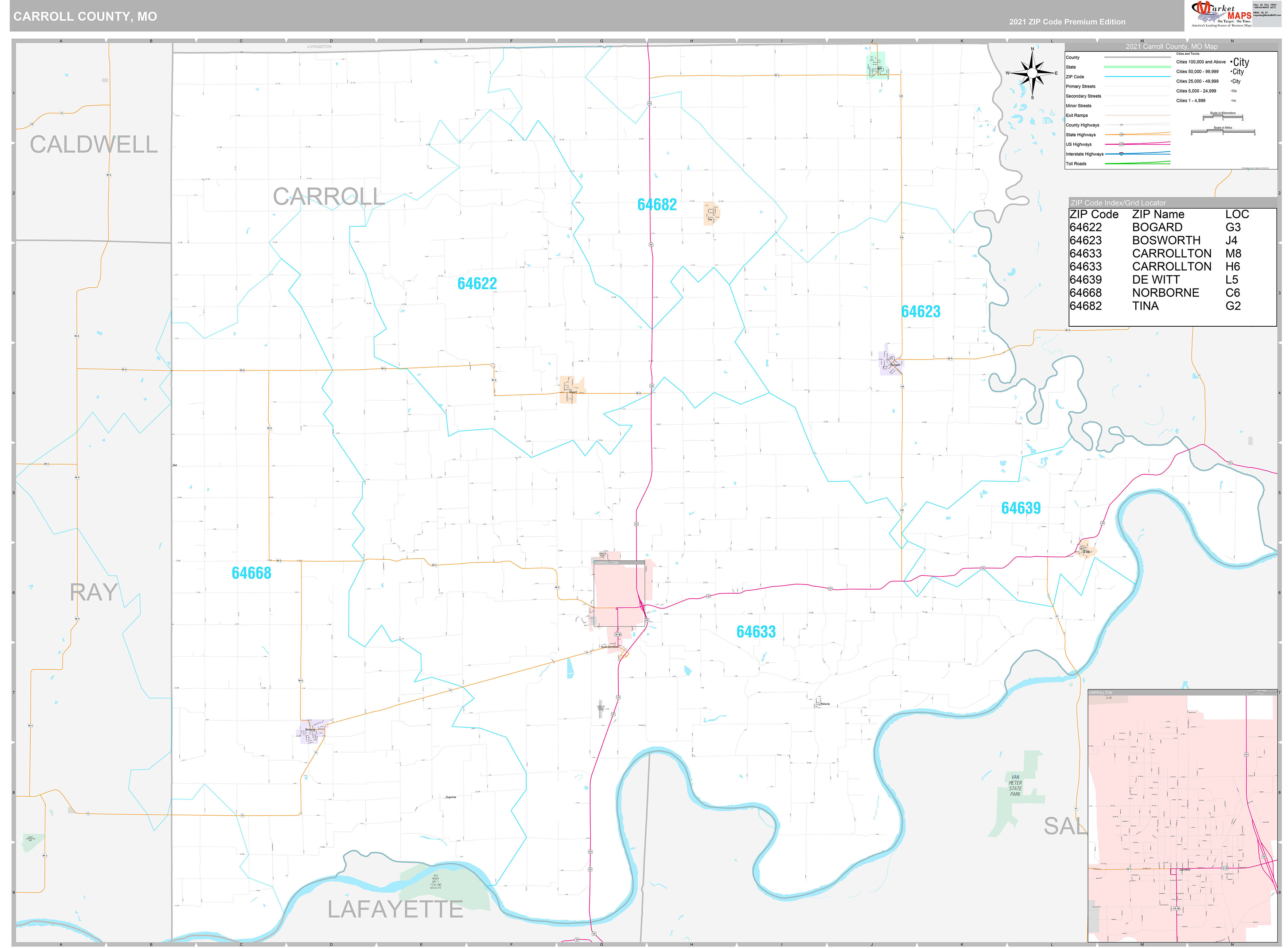 Carroll County, MO Wall Map Premium Style by MarketMAPS